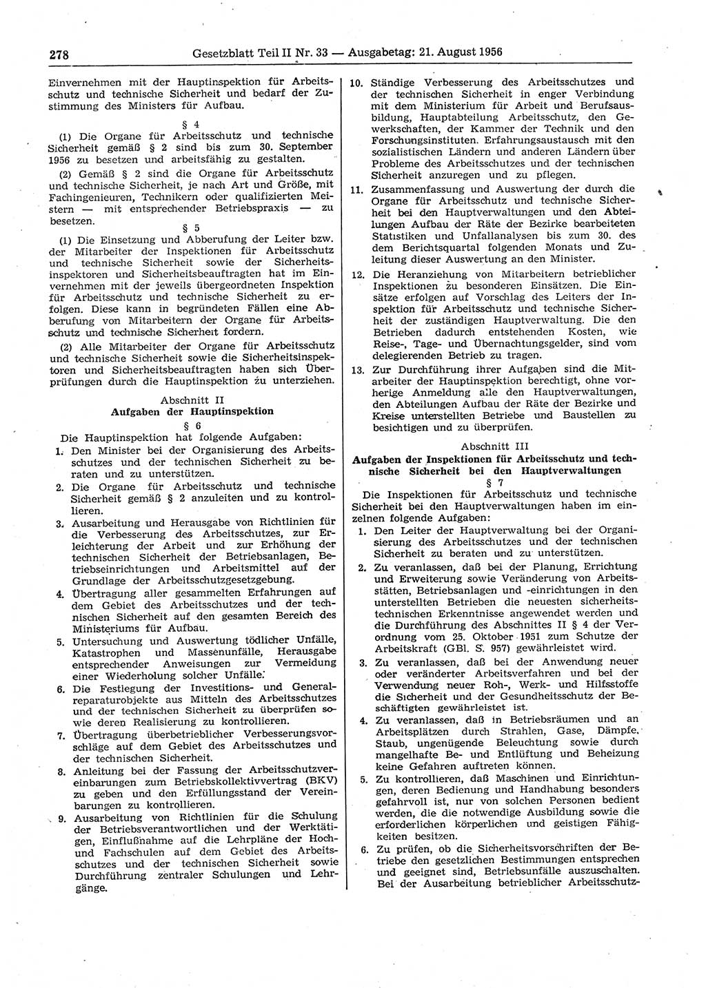 Gesetzblatt (GBl.) der Deutschen Demokratischen Republik (DDR) Teil ⅠⅠ 1956, Seite 278 (GBl. DDR ⅠⅠ 1956, S. 278)