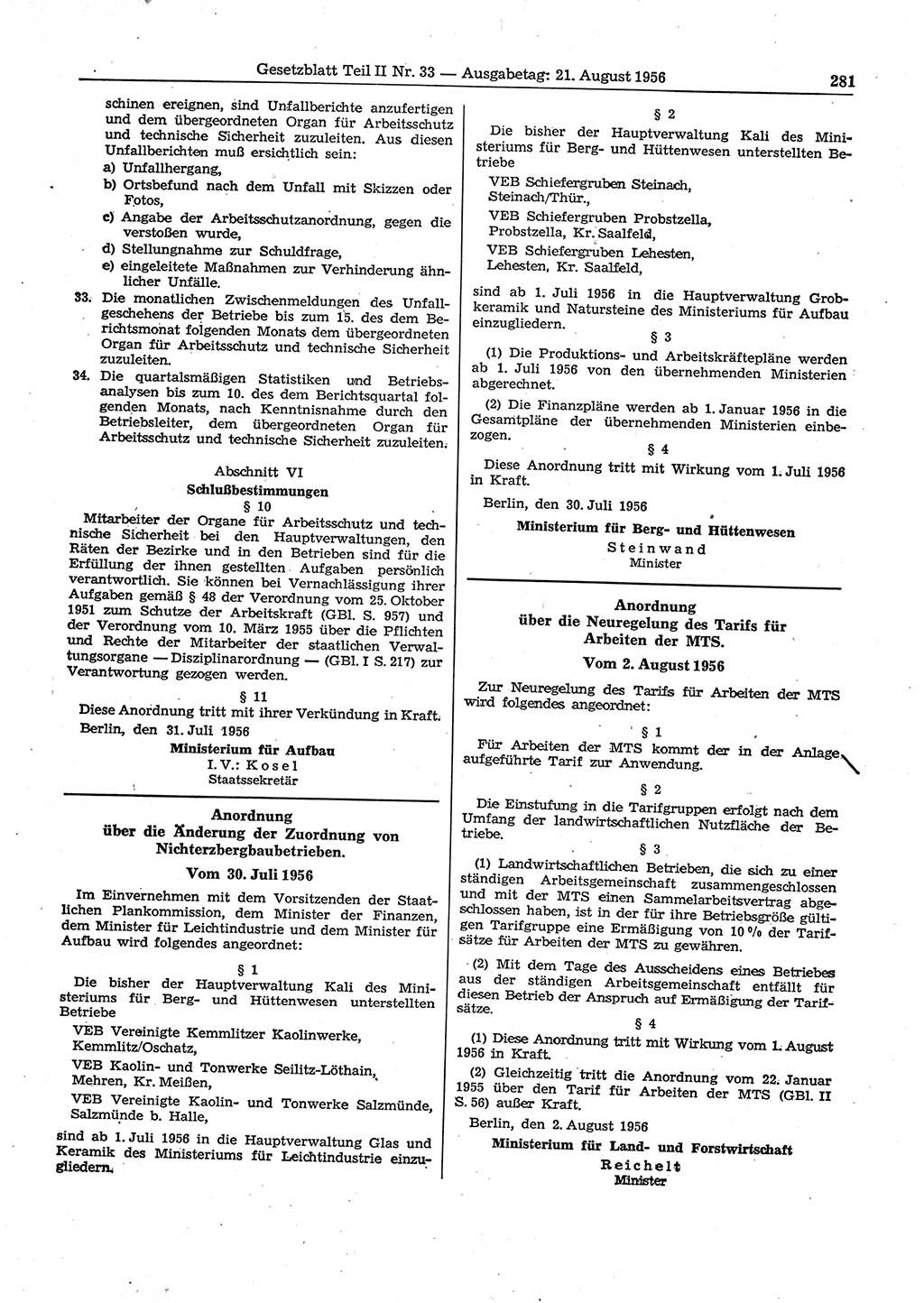Gesetzblatt (GBl.) der Deutschen Demokratischen Republik (DDR) Teil ⅠⅠ 1956, Seite 281 (GBl. DDR ⅠⅠ 1956, S. 281)