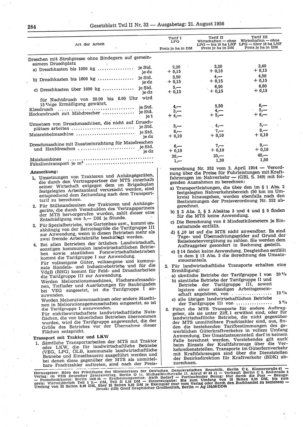 Gesetzblatt (GBl.) der Deutschen Demokratischen Republik (DDR) Teil ⅠⅠ 1956, Seite 284 (GBl. DDR ⅠⅠ 1956, S. 284)