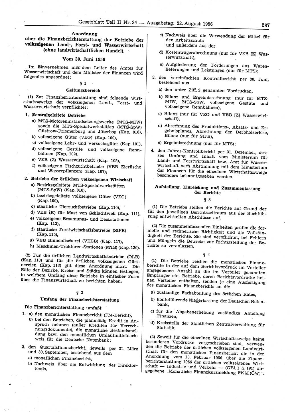 Gesetzblatt (GBl.) der Deutschen Demokratischen Republik (DDR) Teil ⅠⅠ 1956, Seite 287 (GBl. DDR ⅠⅠ 1956, S. 287)
