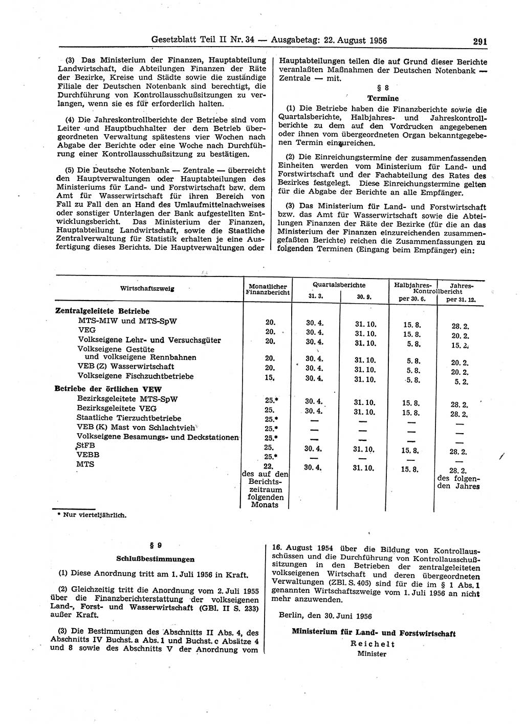 Gesetzblatt (GBl.) der Deutschen Demokratischen Republik (DDR) Teil ⅠⅠ 1956, Seite 291 (GBl. DDR ⅠⅠ 1956, S. 291)