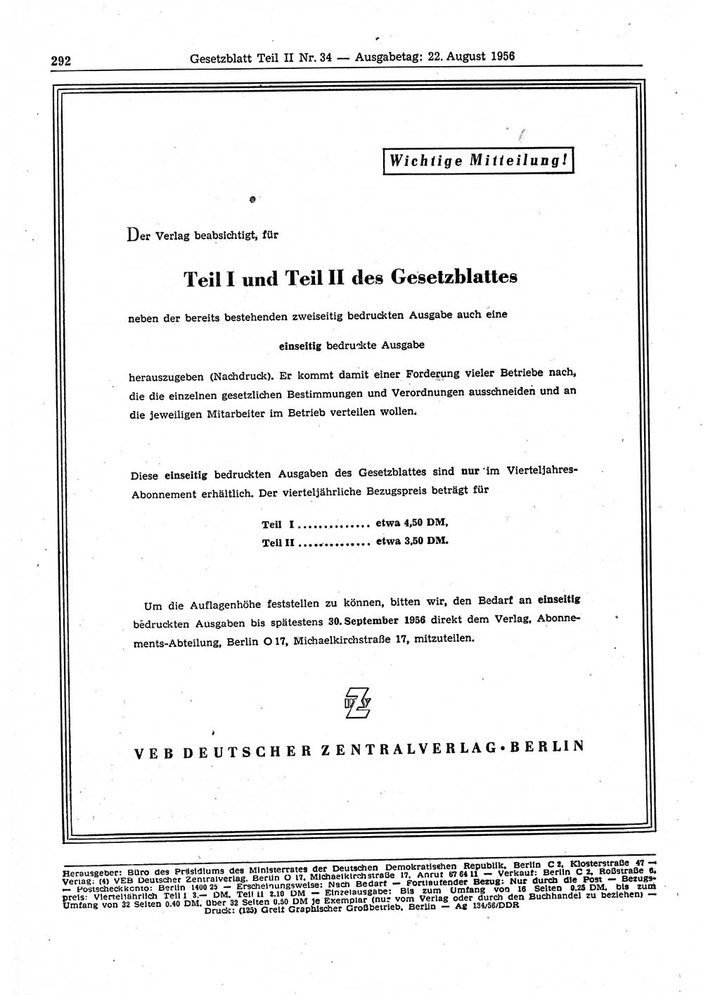 Gesetzblatt (GBl.) der Deutschen Demokratischen Republik (DDR) Teil ⅠⅠ 1956, Seite 292 (GBl. DDR ⅠⅠ 1956, S. 292)