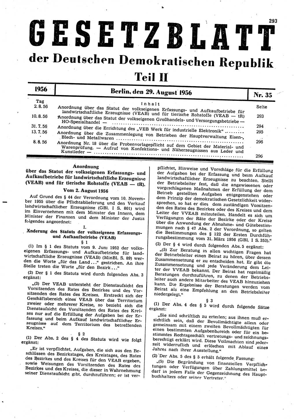 Gesetzblatt (GBl.) der Deutschen Demokratischen Republik (DDR) Teil ⅠⅠ 1956, Seite 293 (GBl. DDR ⅠⅠ 1956, S. 293)