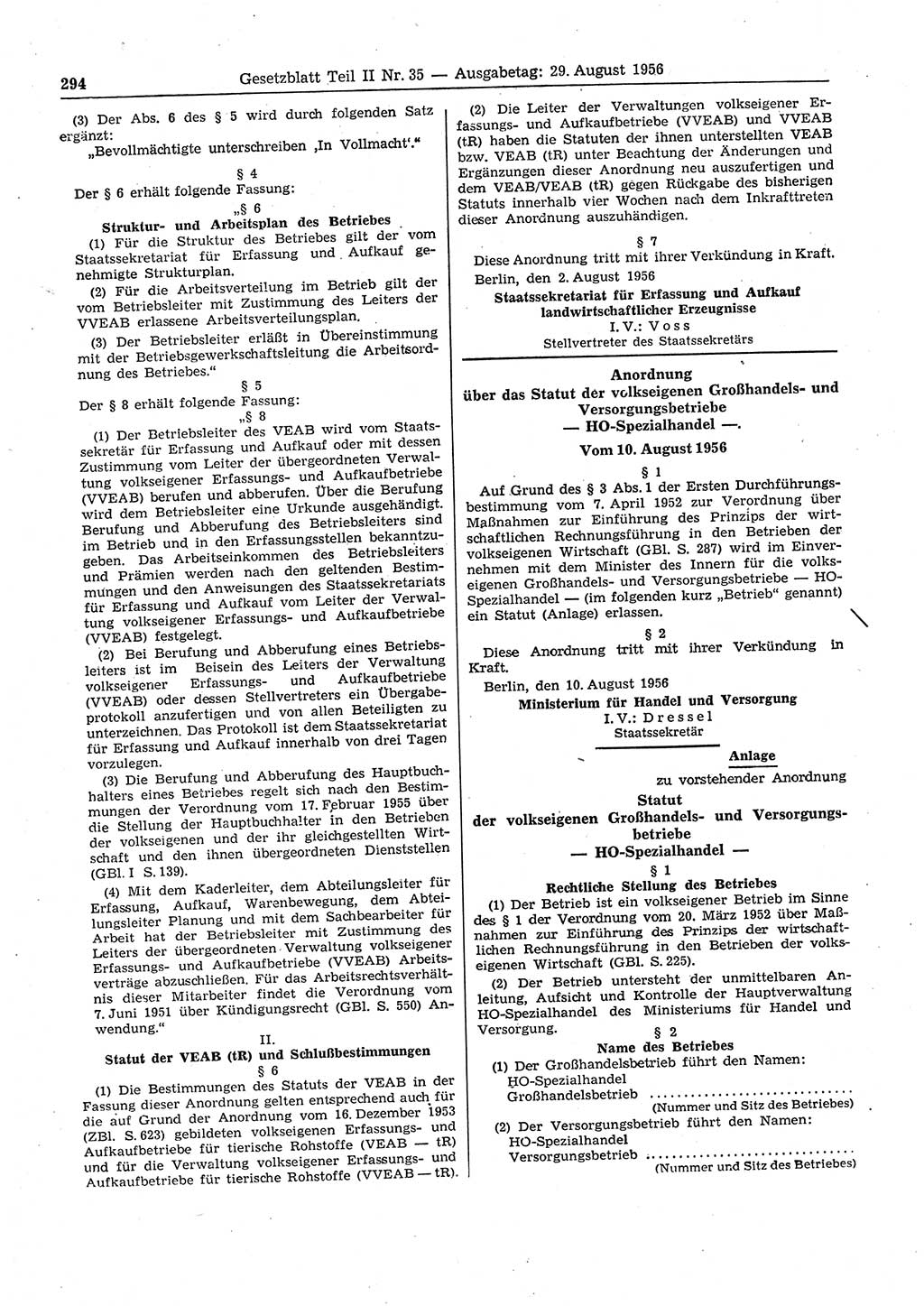 Gesetzblatt (GBl.) der Deutschen Demokratischen Republik (DDR) Teil ⅠⅠ 1956, Seite 294 (GBl. DDR ⅠⅠ 1956, S. 294)