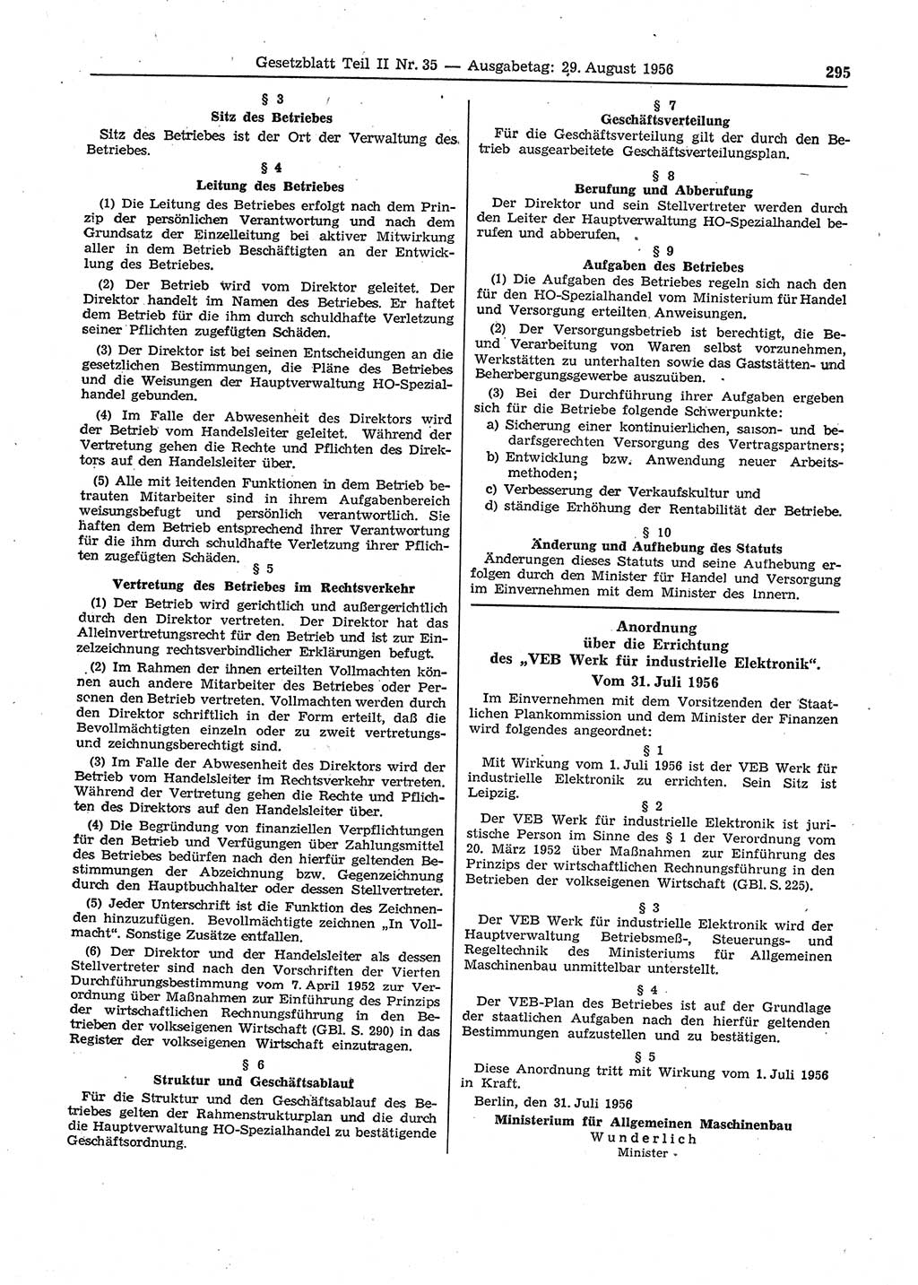 Gesetzblatt (GBl.) der Deutschen Demokratischen Republik (DDR) Teil ⅠⅠ 1956, Seite 295 (GBl. DDR ⅠⅠ 1956, S. 295)