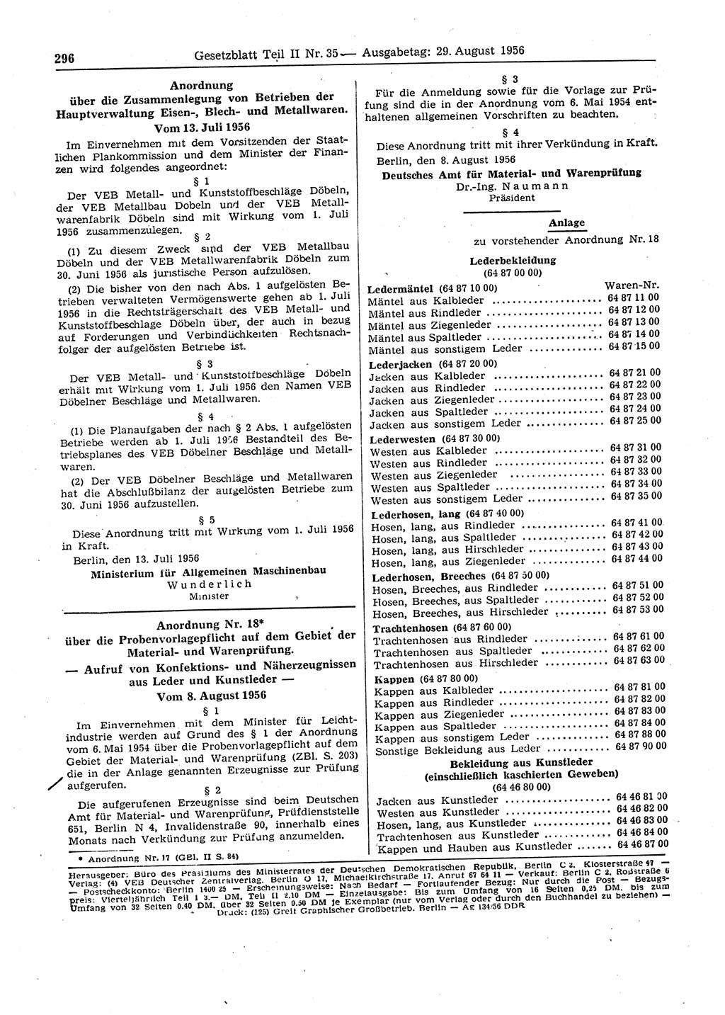 Gesetzblatt (GBl.) der Deutschen Demokratischen Republik (DDR) Teil ⅠⅠ 1956, Seite 296 (GBl. DDR ⅠⅠ 1956, S. 296)