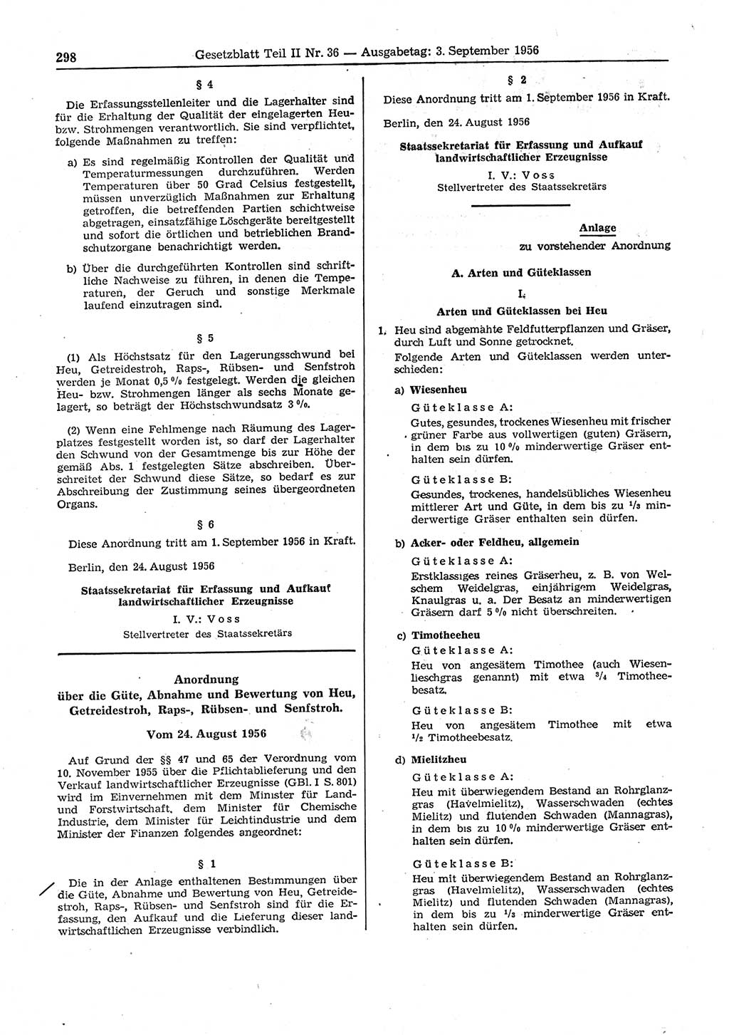Gesetzblatt (GBl.) der Deutschen Demokratischen Republik (DDR) Teil ⅠⅠ 1956, Seite 298 (GBl. DDR ⅠⅠ 1956, S. 298)
