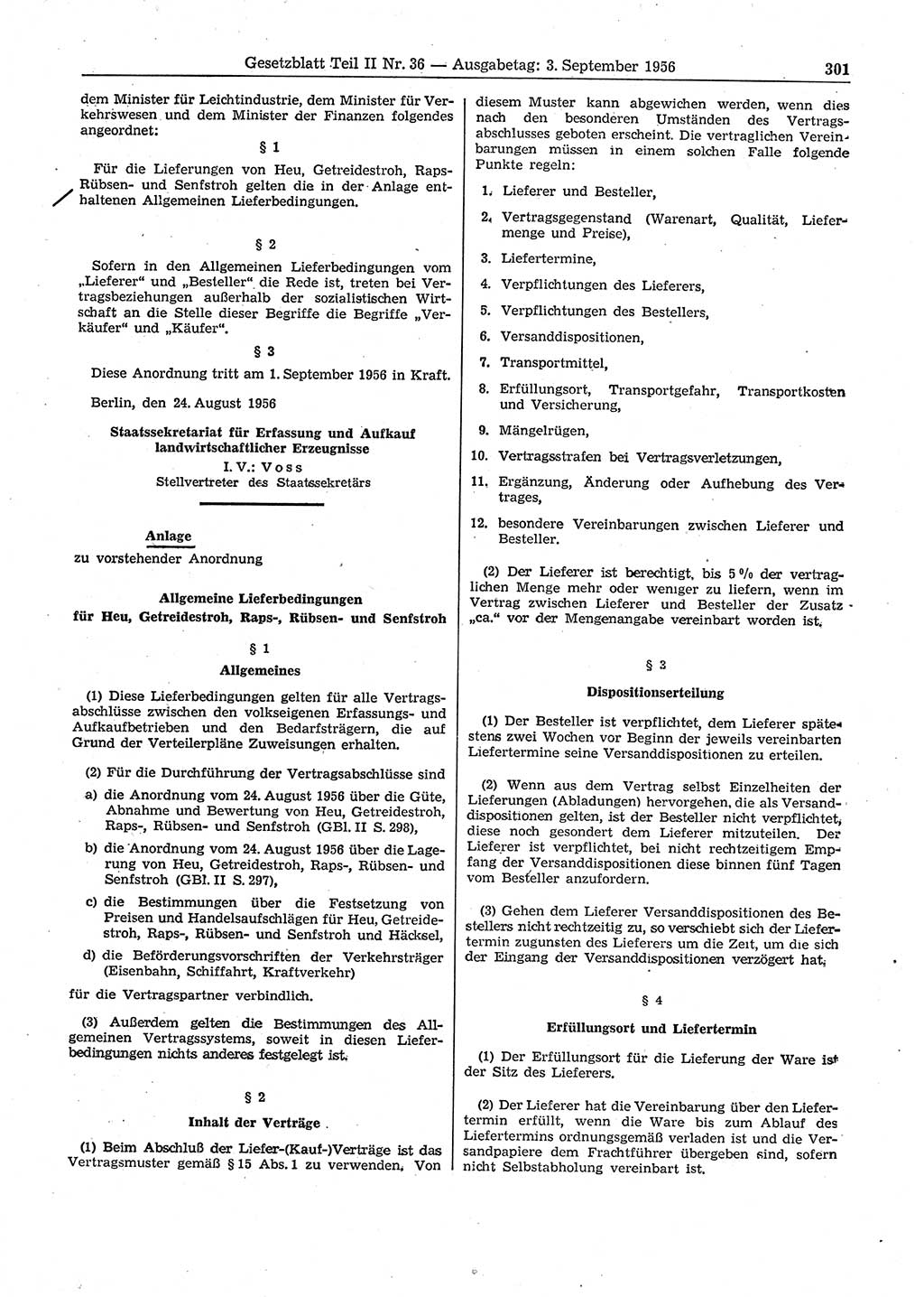 Gesetzblatt (GBl.) der Deutschen Demokratischen Republik (DDR) Teil ⅠⅠ 1956, Seite 301 (GBl. DDR ⅠⅠ 1956, S. 301)