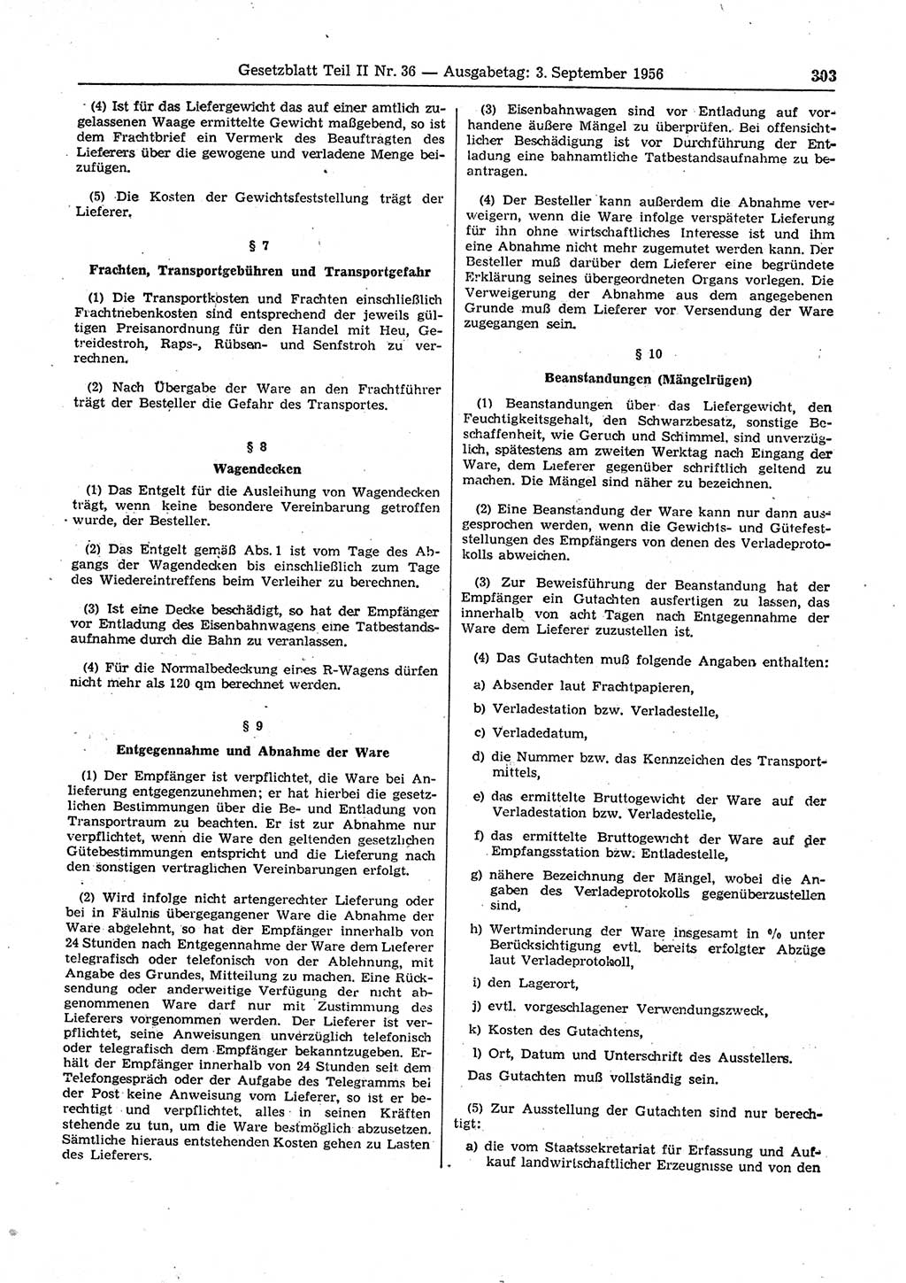 Gesetzblatt (GBl.) der Deutschen Demokratischen Republik (DDR) Teil ⅠⅠ 1956, Seite 303 (GBl. DDR ⅠⅠ 1956, S. 303)