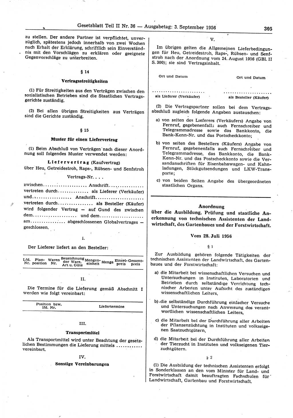 Gesetzblatt (GBl.) der Deutschen Demokratischen Republik (DDR) Teil ⅠⅠ 1956, Seite 305 (GBl. DDR ⅠⅠ 1956, S. 305)