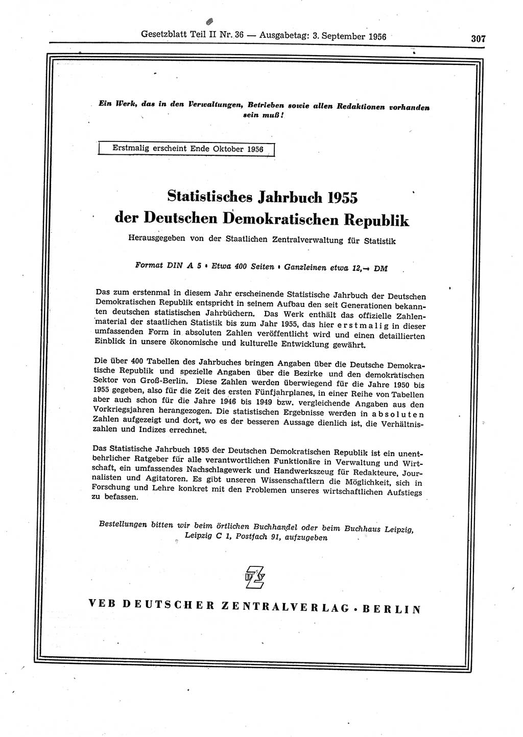 Gesetzblatt (GBl.) der Deutschen Demokratischen Republik (DDR) Teil ⅠⅠ 1956, Seite 307 (GBl. DDR ⅠⅠ 1956, S. 307)