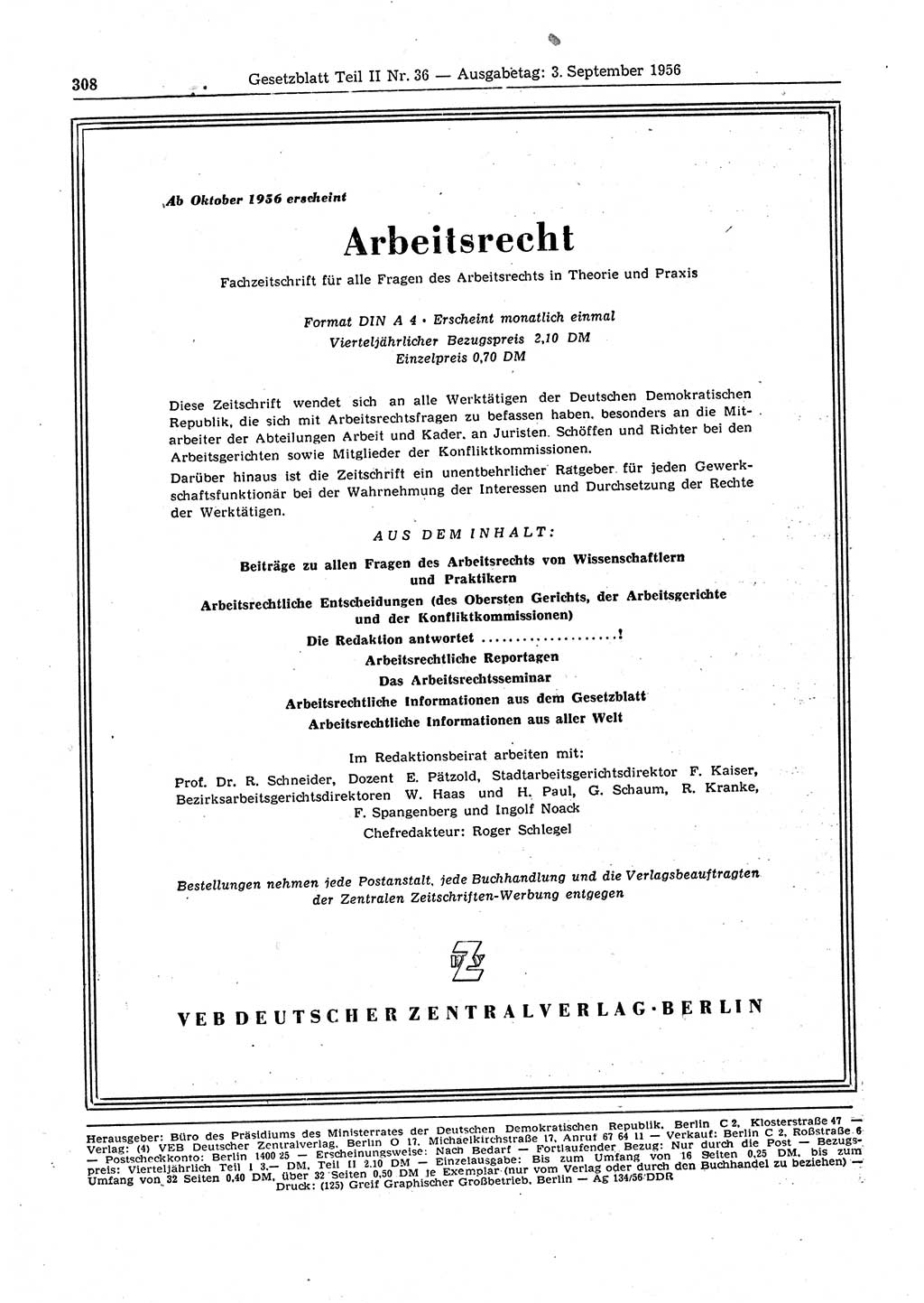 Gesetzblatt (GBl.) der Deutschen Demokratischen Republik (DDR) Teil ⅠⅠ 1956, Seite 308 (GBl. DDR ⅠⅠ 1956, S. 308)
