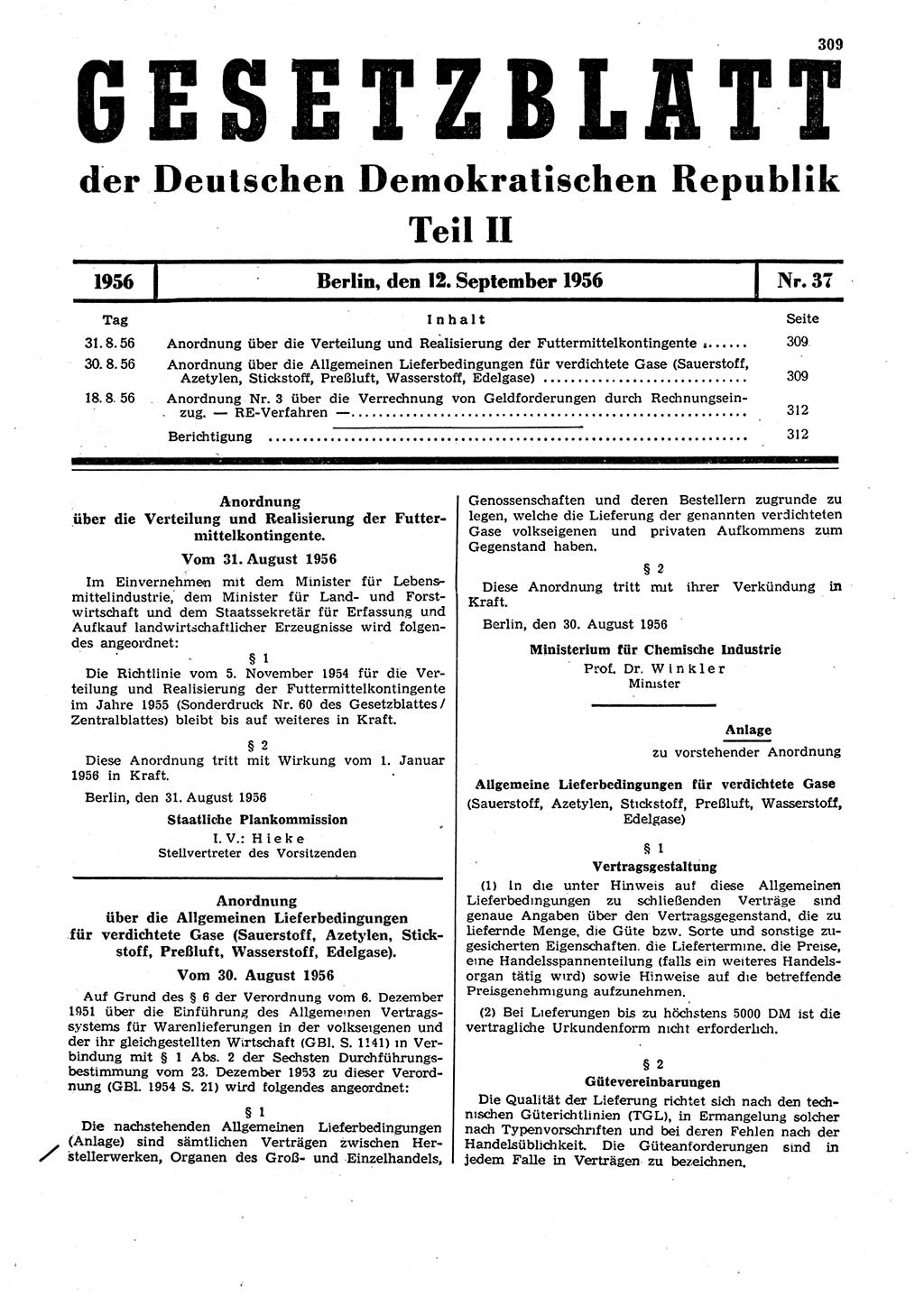 Gesetzblatt (GBl.) der Deutschen Demokratischen Republik (DDR) Teil ⅠⅠ 1956, Seite 309 (GBl. DDR ⅠⅠ 1956, S. 309)