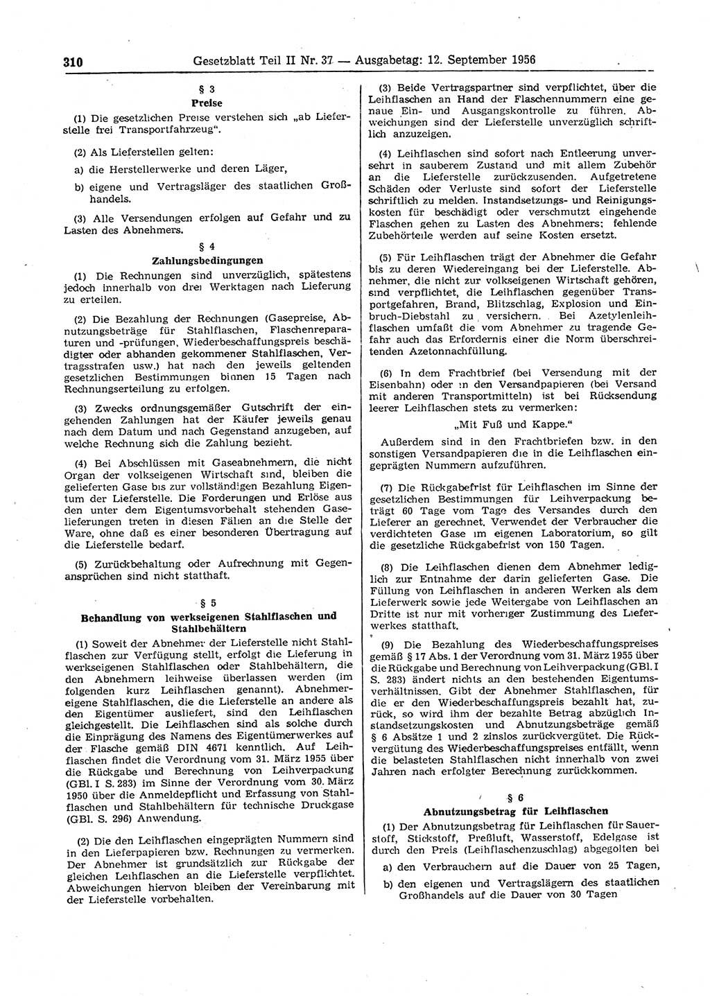 Gesetzblatt (GBl.) der Deutschen Demokratischen Republik (DDR) Teil ⅠⅠ 1956, Seite 310 (GBl. DDR ⅠⅠ 1956, S. 310)