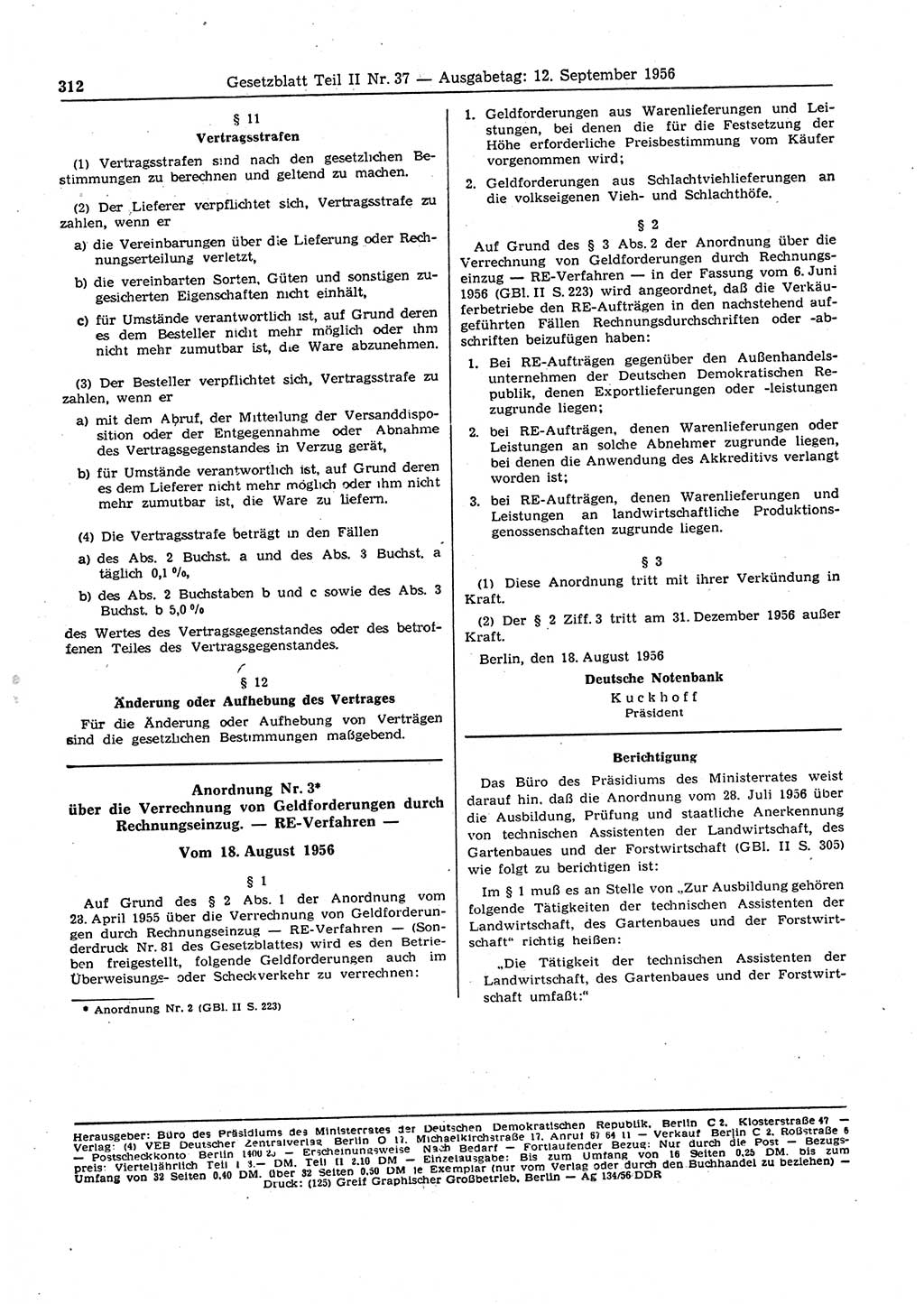 Gesetzblatt (GBl.) der Deutschen Demokratischen Republik (DDR) Teil ⅠⅠ 1956, Seite 312 (GBl. DDR ⅠⅠ 1956, S. 312)