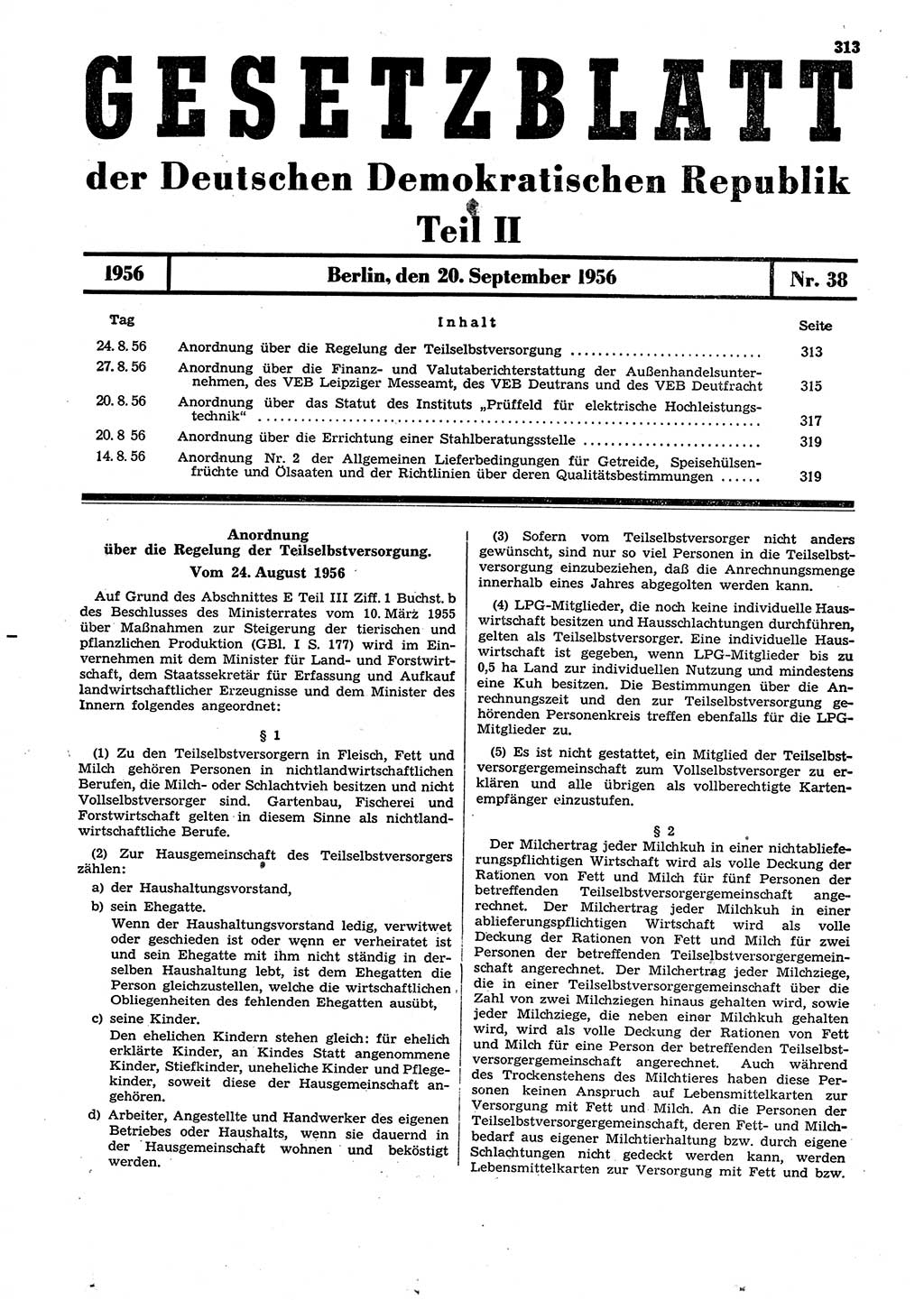 Gesetzblatt (GBl.) der Deutschen Demokratischen Republik (DDR) Teil ⅠⅠ 1956, Seite 313 (GBl. DDR ⅠⅠ 1956, S. 313)