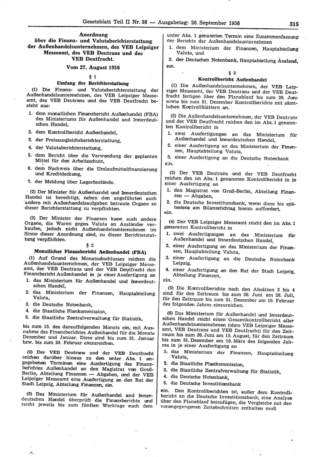 Gesetzblatt (GBl.) der Deutschen Demokratischen Republik (DDR) Teil ⅠⅠ 1956, Seite 315 (GBl. DDR ⅠⅠ 1956, S. 315)