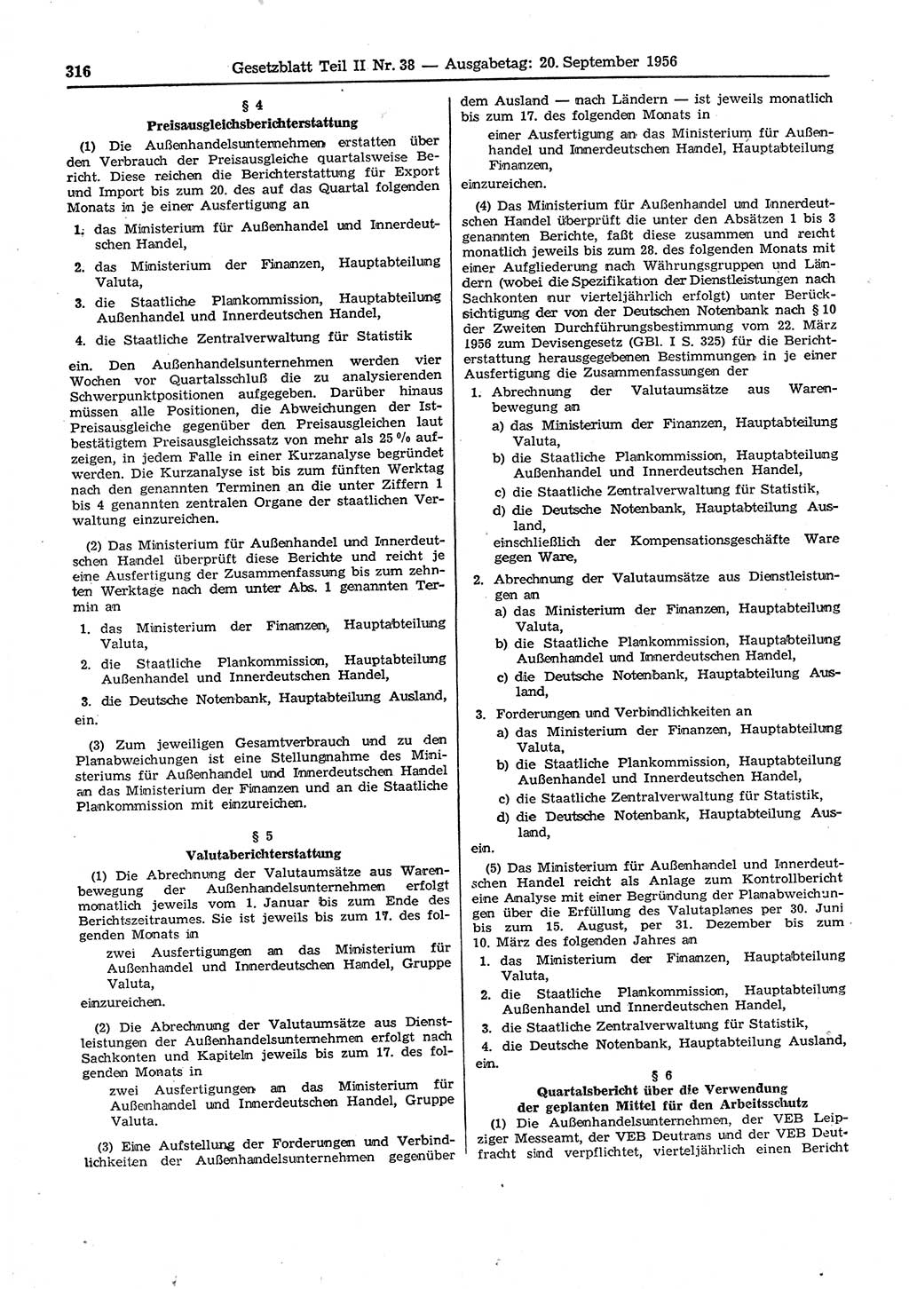 Gesetzblatt (GBl.) der Deutschen Demokratischen Republik (DDR) Teil ⅠⅠ 1956, Seite 316 (GBl. DDR ⅠⅠ 1956, S. 316)