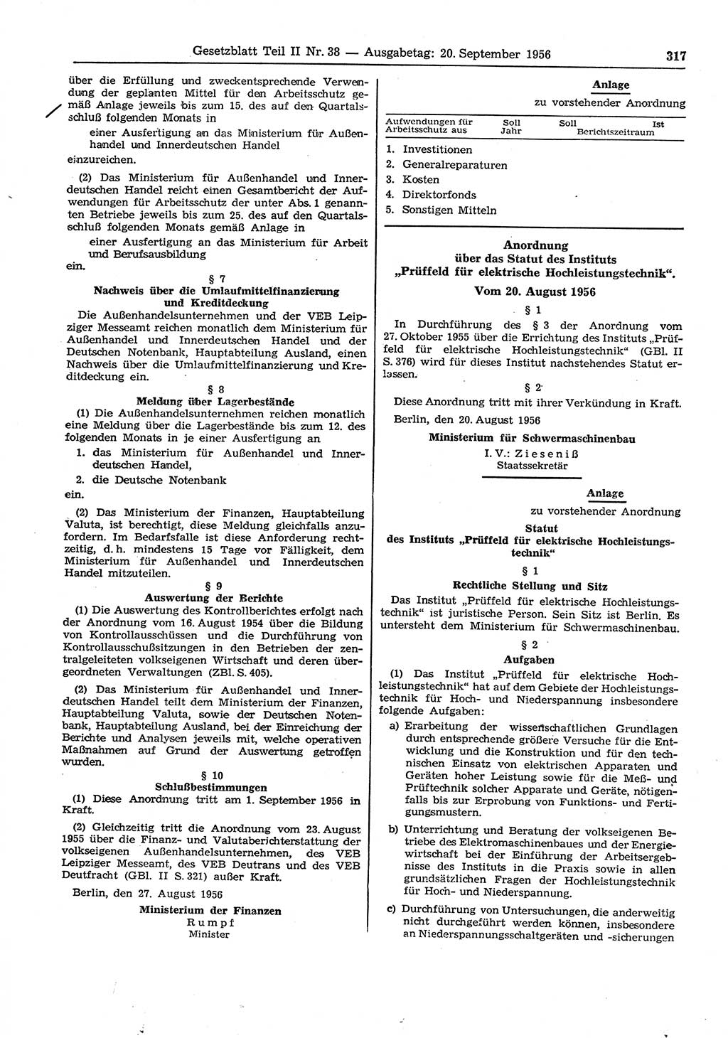 Gesetzblatt (GBl.) der Deutschen Demokratischen Republik (DDR) Teil ⅠⅠ 1956, Seite 317 (GBl. DDR ⅠⅠ 1956, S. 317)