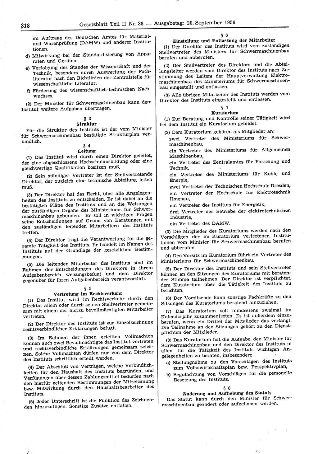 Gesetzblatt (GBl.) der Deutschen Demokratischen Republik (DDR) Teil ⅠⅠ 1956, Seite 318 (GBl. DDR ⅠⅠ 1956, S. 318)