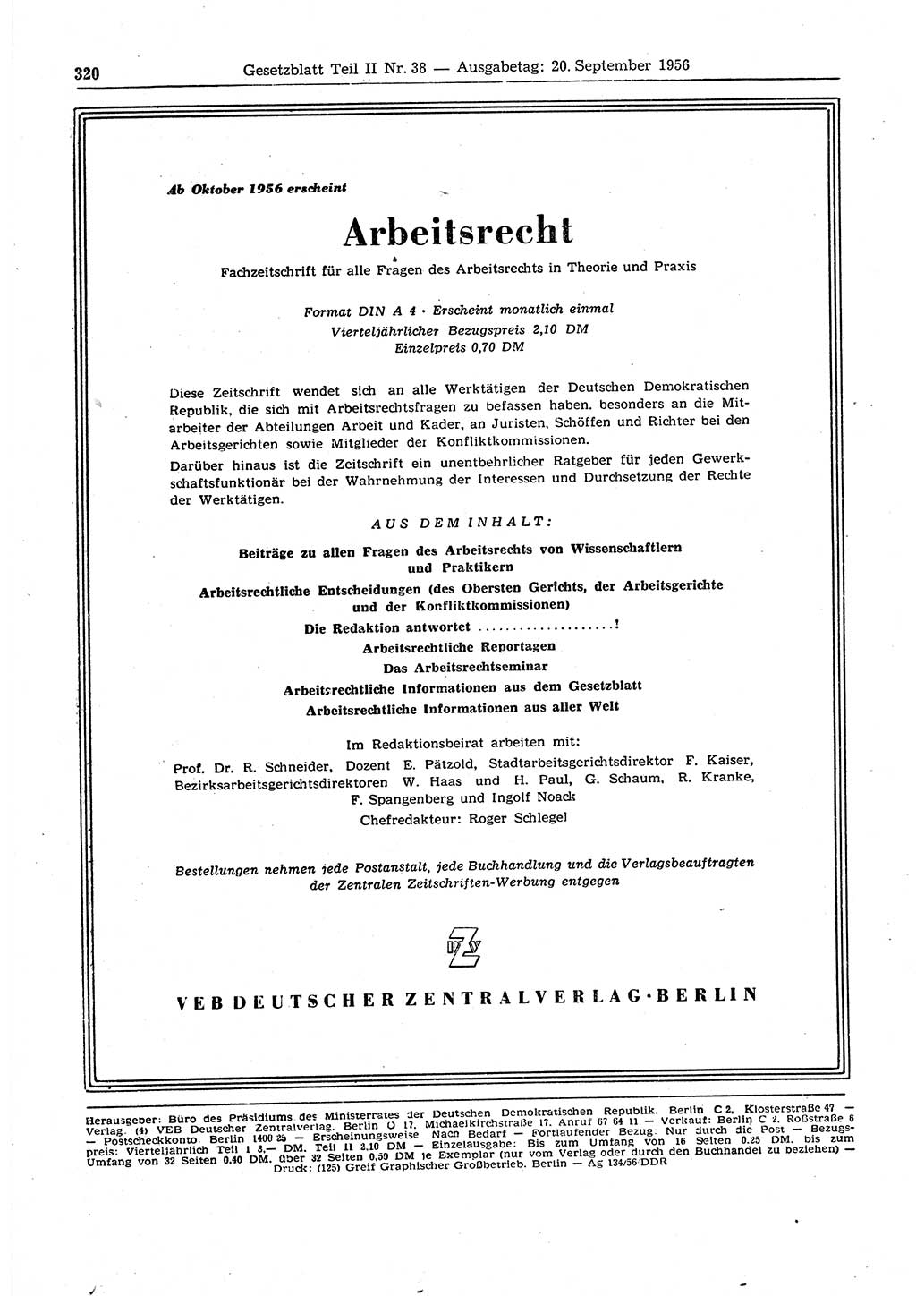 Gesetzblatt (GBl.) der Deutschen Demokratischen Republik (DDR) Teil ⅠⅠ 1956, Seite 320 (GBl. DDR ⅠⅠ 1956, S. 320)