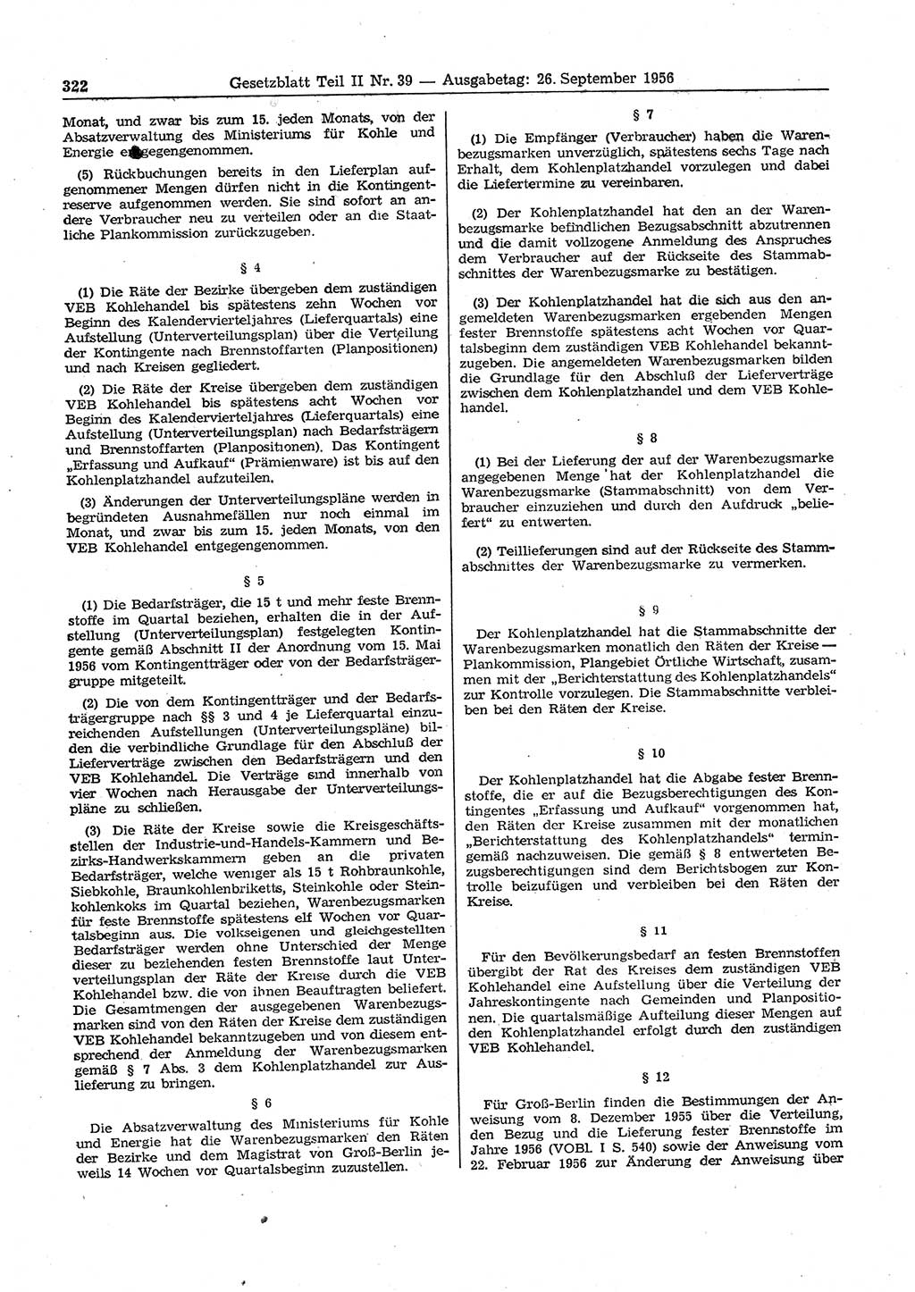 Gesetzblatt (GBl.) der Deutschen Demokratischen Republik (DDR) Teil ⅠⅠ 1956, Seite 322 (GBl. DDR ⅠⅠ 1956, S. 322)