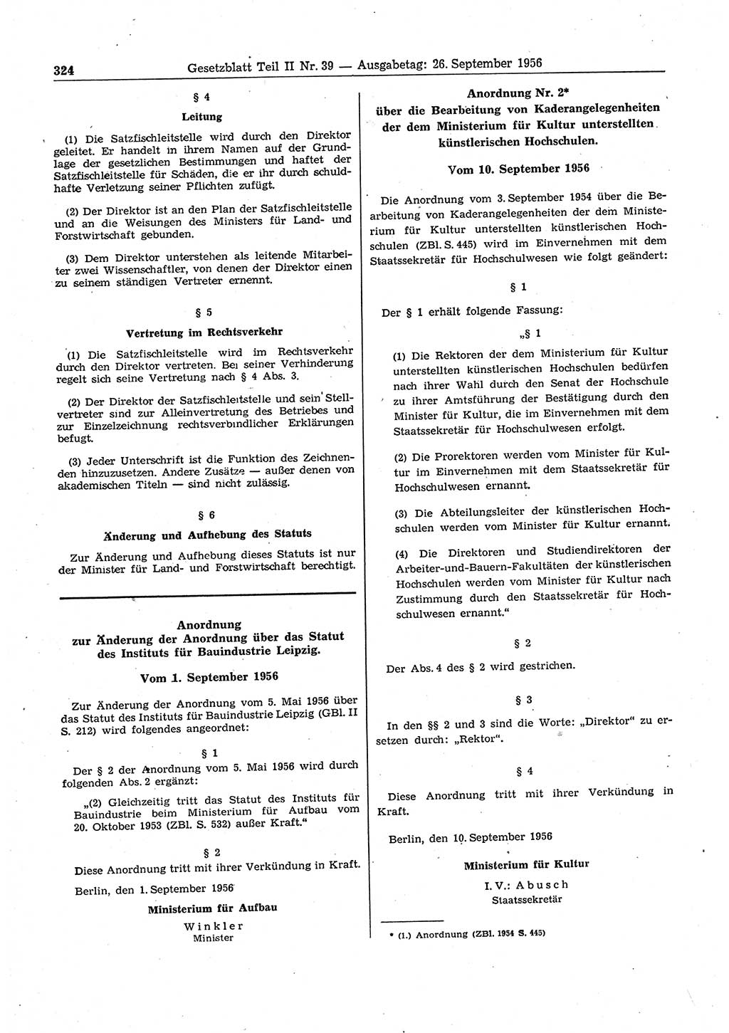 Gesetzblatt (GBl.) der Deutschen Demokratischen Republik (DDR) Teil ⅠⅠ 1956, Seite 324 (GBl. DDR ⅠⅠ 1956, S. 324)