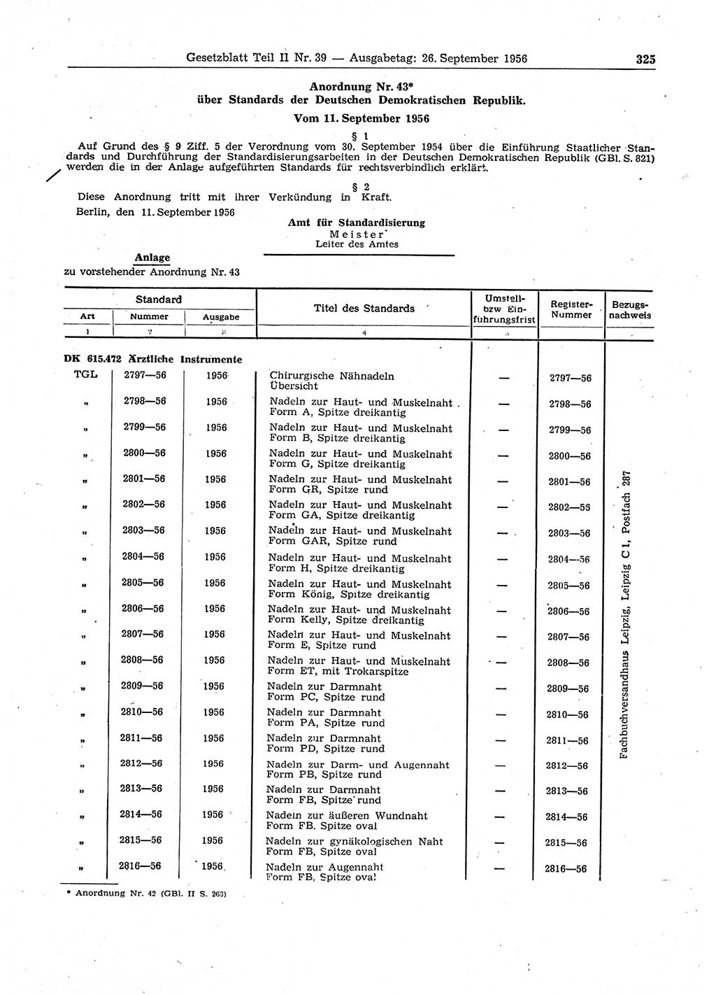 Gesetzblatt (GBl.) der Deutschen Demokratischen Republik (DDR) Teil ⅠⅠ 1956, Seite 325 (GBl. DDR ⅠⅠ 1956, S. 325)