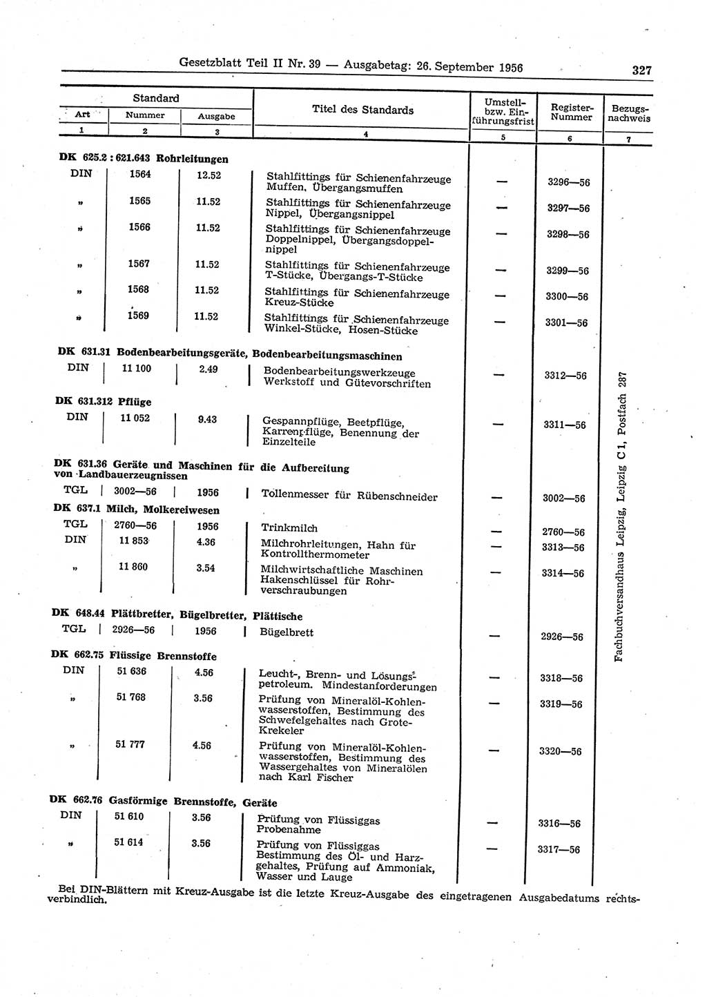 Gesetzblatt (GBl.) der Deutschen Demokratischen Republik (DDR) Teil ⅠⅠ 1956, Seite 327 (GBl. DDR ⅠⅠ 1956, S. 327)