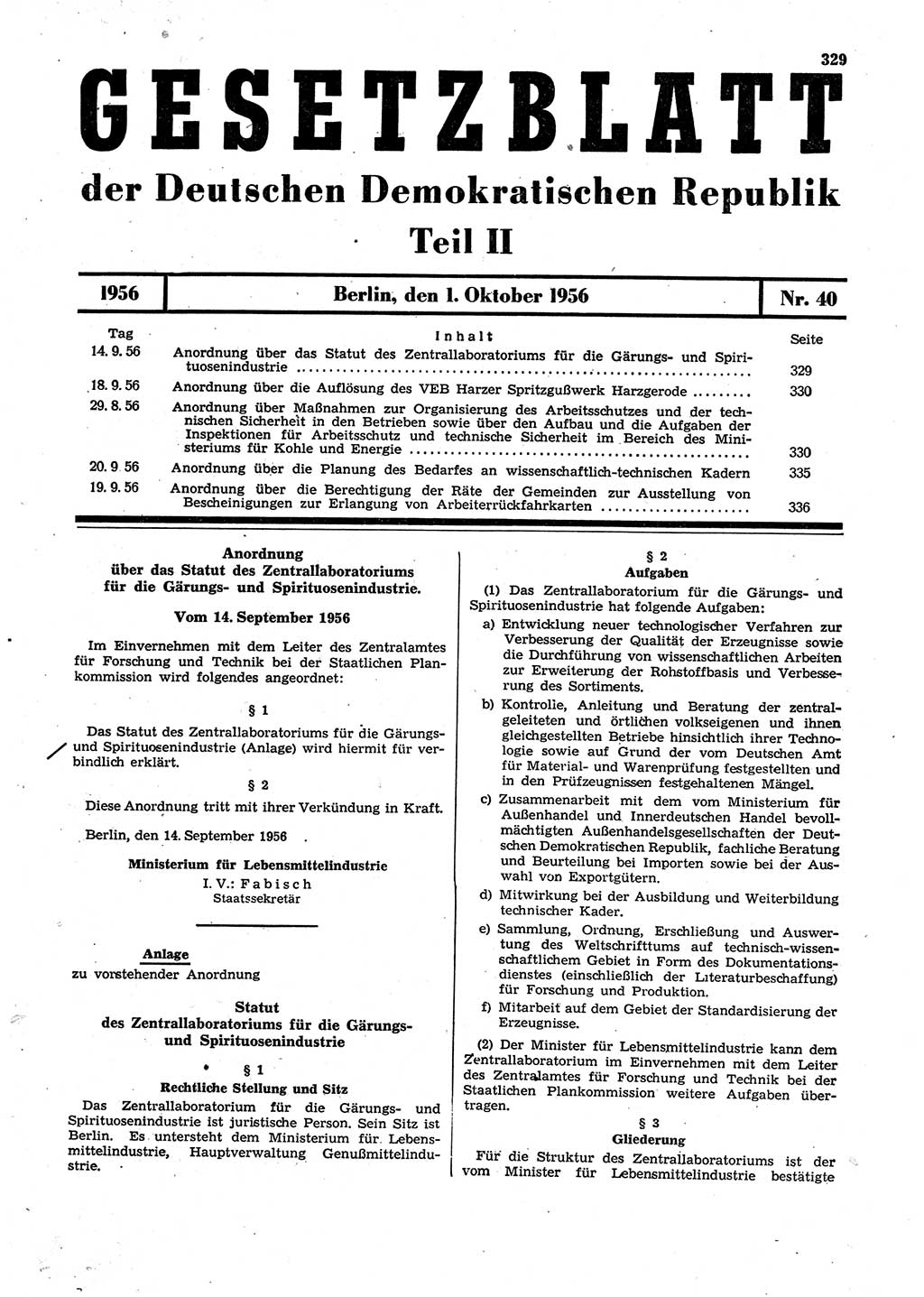 Gesetzblatt (GBl.) der Deutschen Demokratischen Republik (DDR) Teil ⅠⅠ 1956, Seite 329 (GBl. DDR ⅠⅠ 1956, S. 329)
