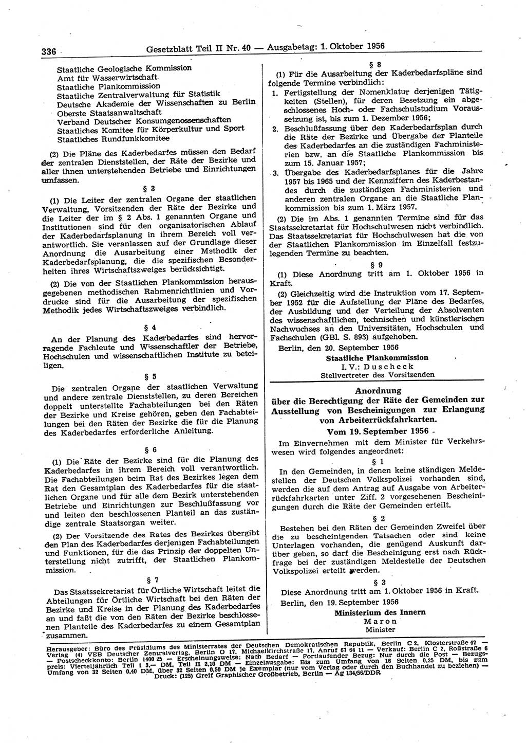 Gesetzblatt (GBl.) der Deutschen Demokratischen Republik (DDR) Teil ⅠⅠ 1956, Seite 336 (GBl. DDR ⅠⅠ 1956, S. 336)