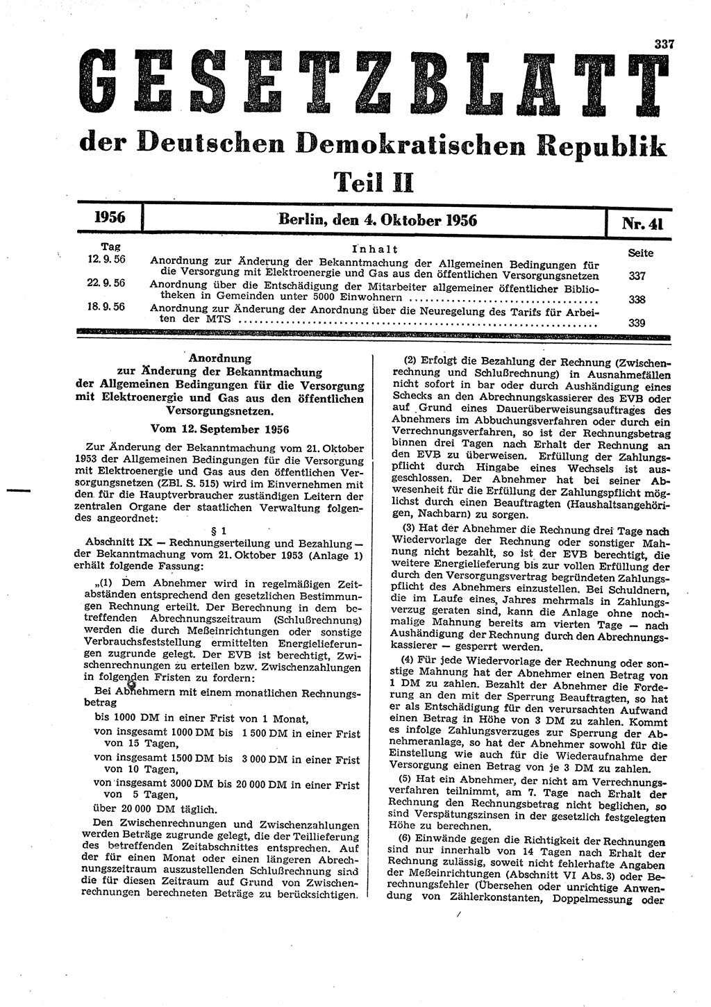 Gesetzblatt (GBl.) der Deutschen Demokratischen Republik (DDR) Teil ⅠⅠ 1956, Seite 337 (GBl. DDR ⅠⅠ 1956, S. 337)