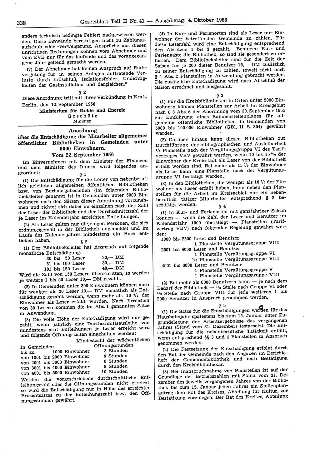Gesetzblatt (GBl.) der Deutschen Demokratischen Republik (DDR) Teil ⅠⅠ 1956, Seite 338 (GBl. DDR ⅠⅠ 1956, S. 338)