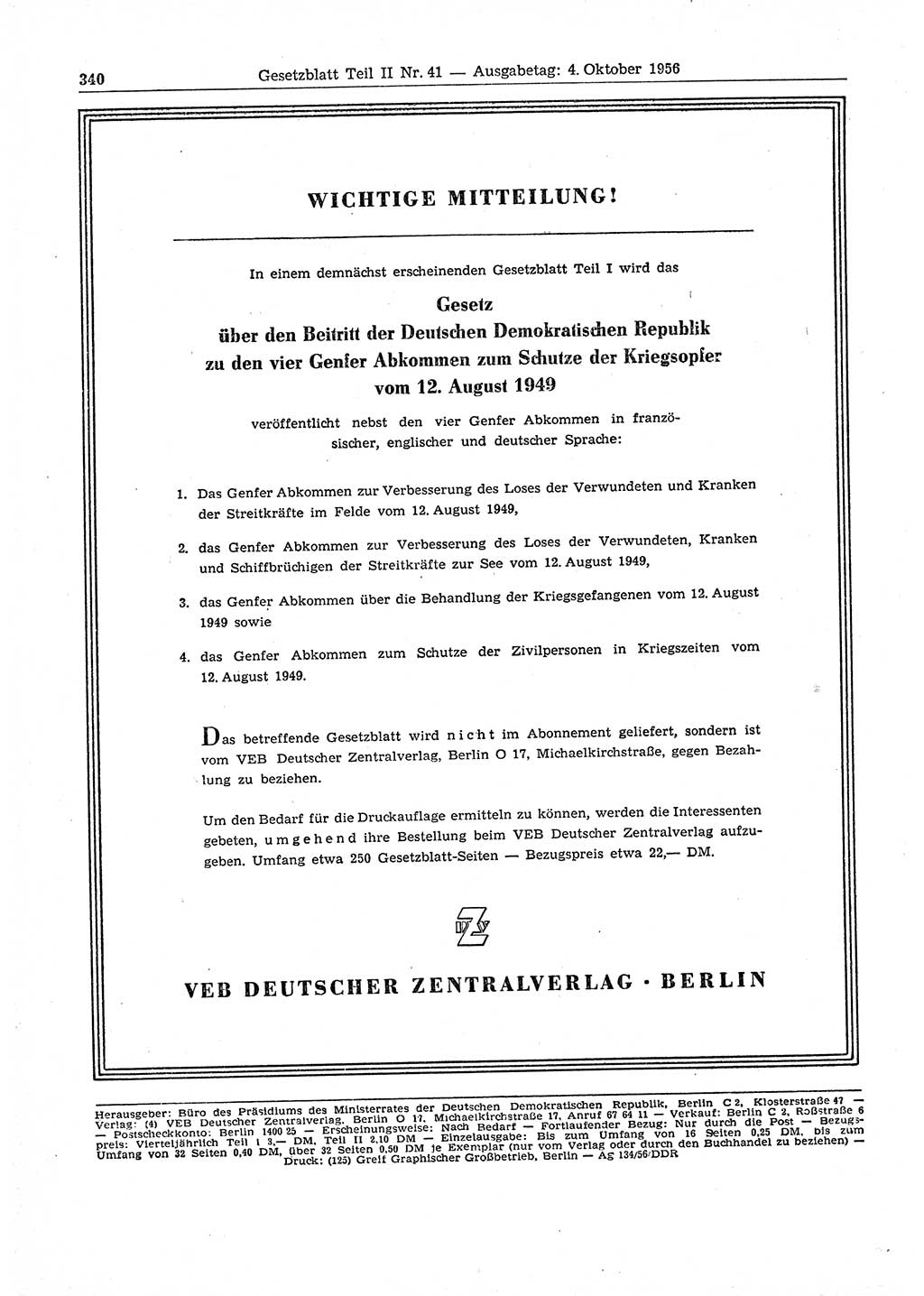 Gesetzblatt (GBl.) der Deutschen Demokratischen Republik (DDR) Teil ⅠⅠ 1956, Seite 340 (GBl. DDR ⅠⅠ 1956, S. 340)