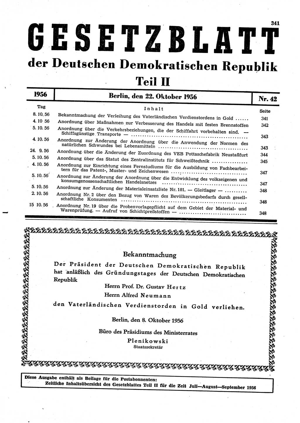 Gesetzblatt (GBl.) der Deutschen Demokratischen Republik (DDR) Teil ⅠⅠ 1956, Seite 341 (GBl. DDR ⅠⅠ 1956, S. 341)