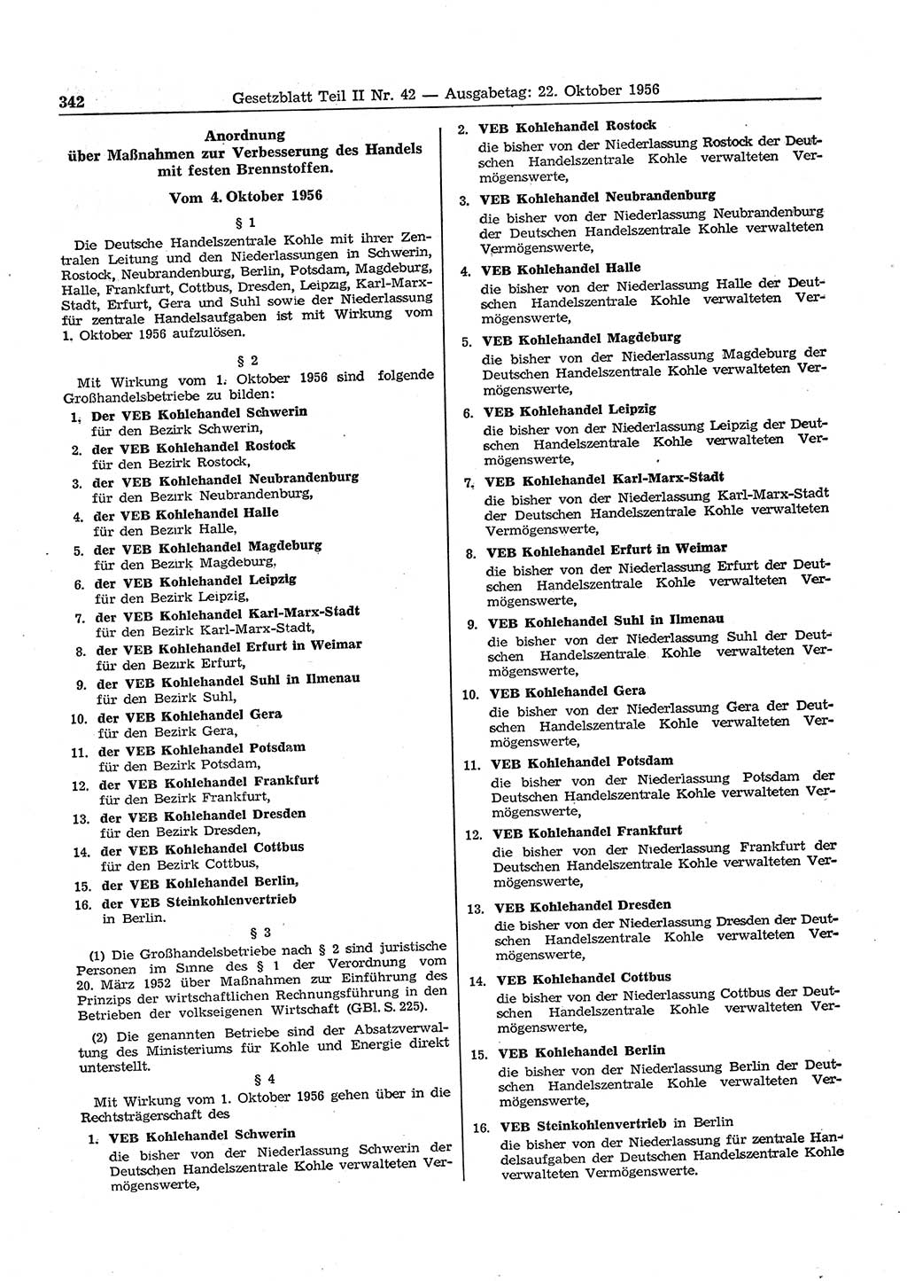 Gesetzblatt (GBl.) der Deutschen Demokratischen Republik (DDR) Teil ⅠⅠ 1956, Seite 342 (GBl. DDR ⅠⅠ 1956, S. 342)