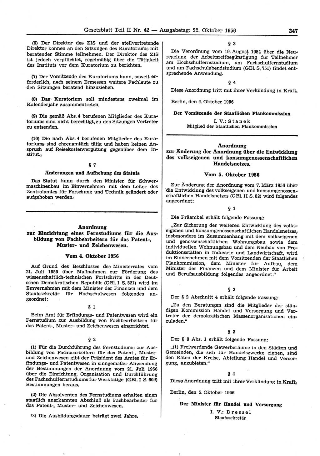 Gesetzblatt (GBl.) der Deutschen Demokratischen Republik (DDR) Teil ⅠⅠ 1956, Seite 347 (GBl. DDR ⅠⅠ 1956, S. 347)