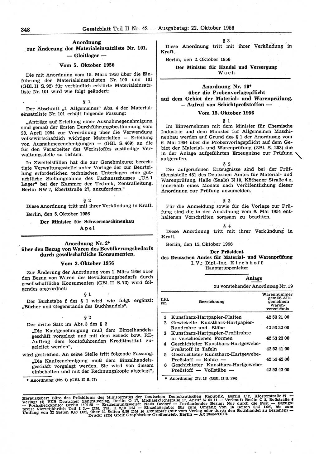 Gesetzblatt (GBl.) der Deutschen Demokratischen Republik (DDR) Teil ⅠⅠ 1956, Seite 348 (GBl. DDR ⅠⅠ 1956, S. 348)