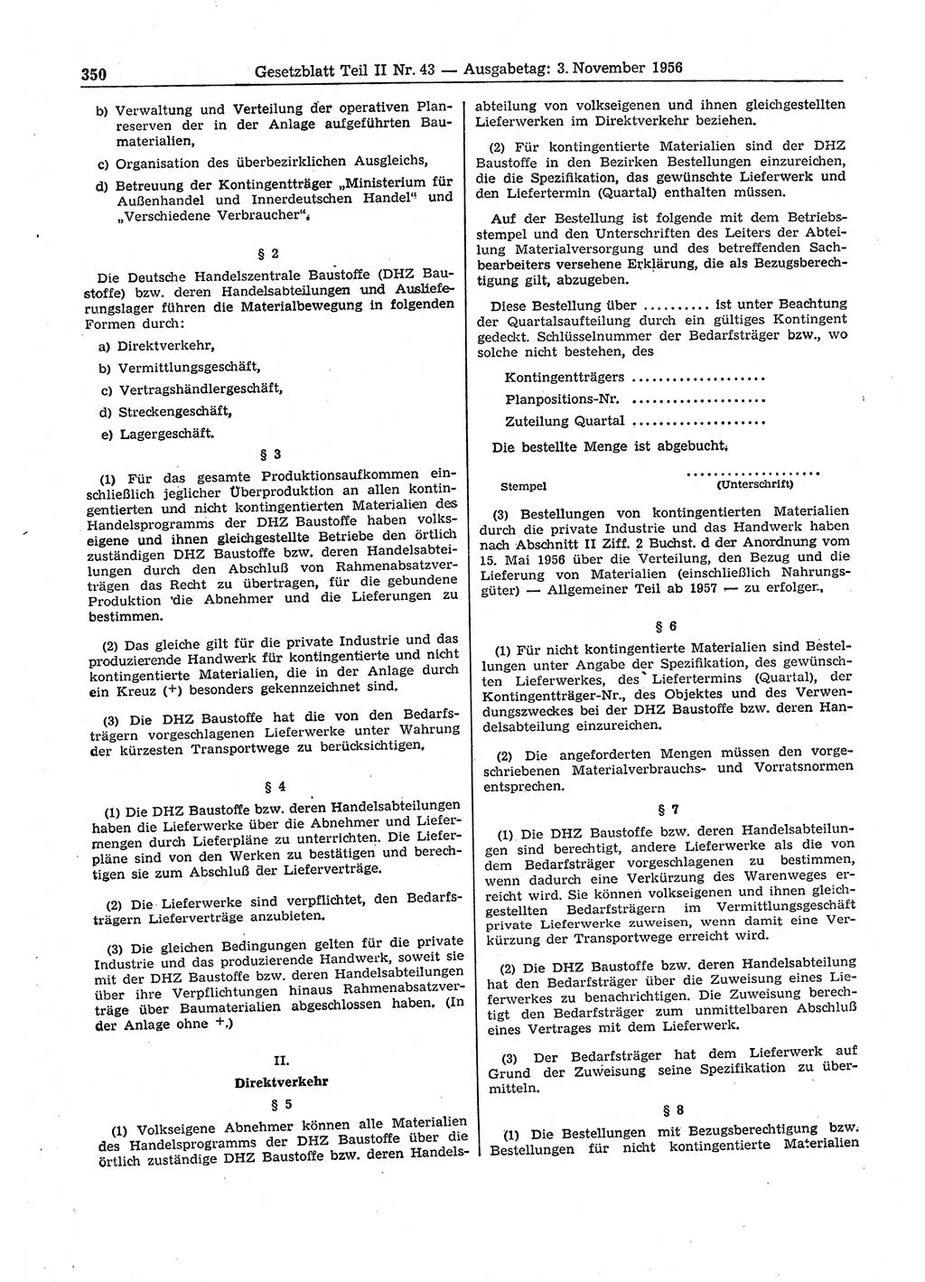 Gesetzblatt (GBl.) der Deutschen Demokratischen Republik (DDR) Teil ⅠⅠ 1956, Seite 350 (GBl. DDR ⅠⅠ 1956, S. 350)