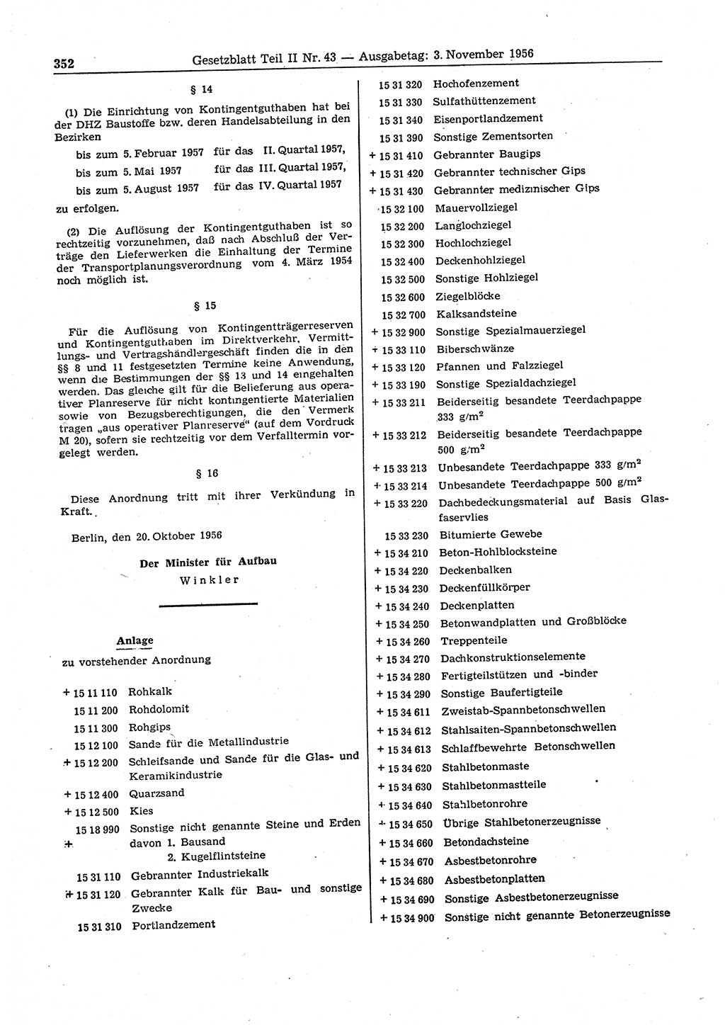 Gesetzblatt (GBl.) der Deutschen Demokratischen Republik (DDR) Teil ⅠⅠ 1956, Seite 352 (GBl. DDR ⅠⅠ 1956, S. 352)