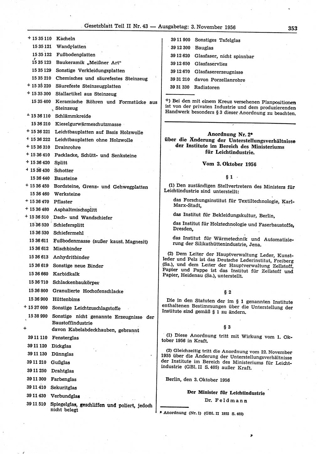 Gesetzblatt (GBl.) der Deutschen Demokratischen Republik (DDR) Teil ⅠⅠ 1956, Seite 353 (GBl. DDR ⅠⅠ 1956, S. 353)
