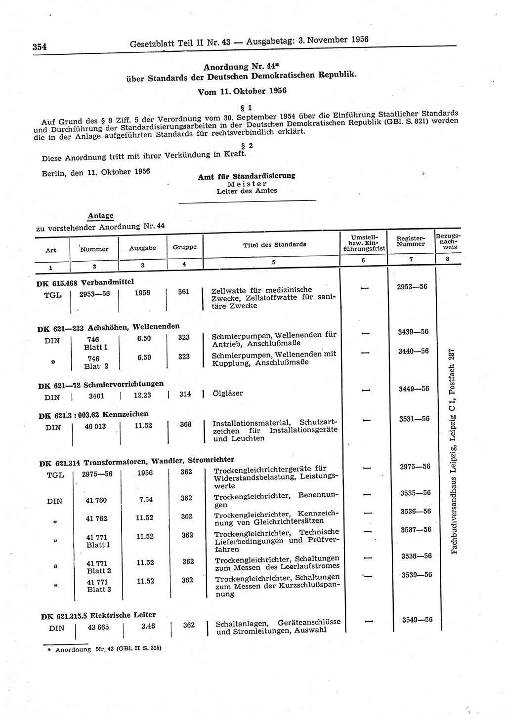 Gesetzblatt (GBl.) der Deutschen Demokratischen Republik (DDR) Teil ⅠⅠ 1956, Seite 354 (GBl. DDR ⅠⅠ 1956, S. 354)