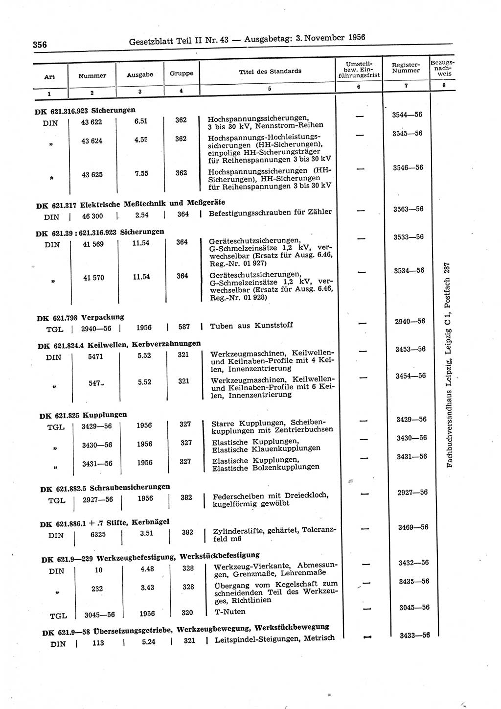 Gesetzblatt (GBl.) der Deutschen Demokratischen Republik (DDR) Teil ⅠⅠ 1956, Seite 356 (GBl. DDR ⅠⅠ 1956, S. 356)