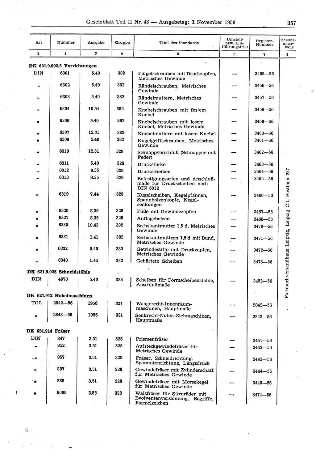 Gesetzblatt (GBl.) der Deutschen Demokratischen Republik (DDR) Teil ⅠⅠ 1956, Seite 357 (GBl. DDR ⅠⅠ 1956, S. 357)