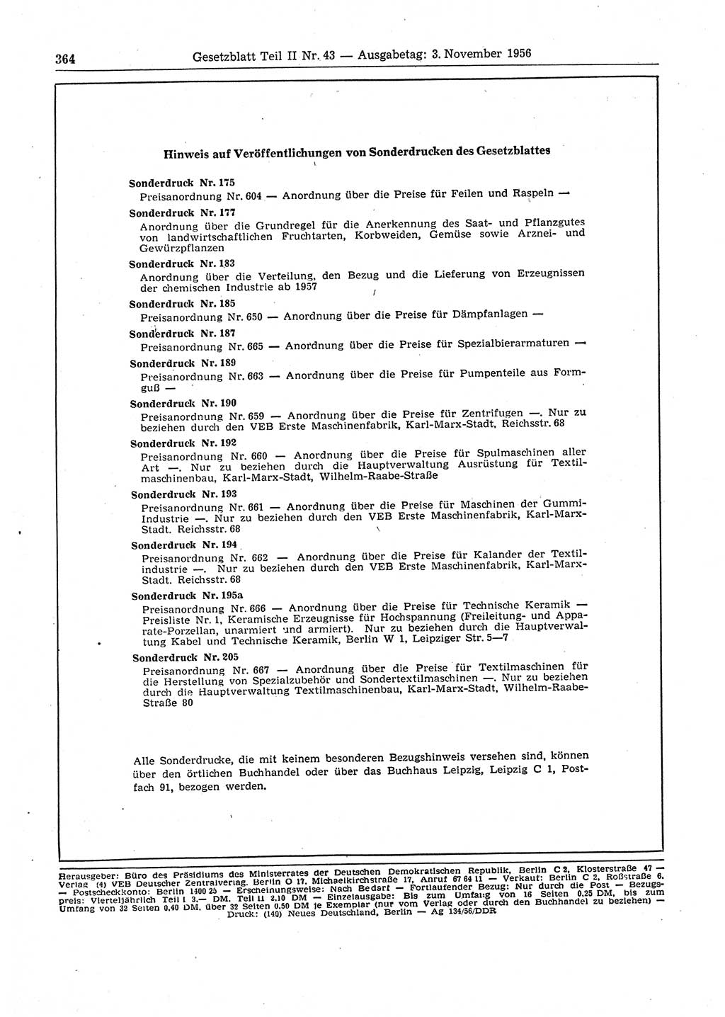 Gesetzblatt (GBl.) der Deutschen Demokratischen Republik (DDR) Teil ⅠⅠ 1956, Seite 364 (GBl. DDR ⅠⅠ 1956, S. 364)