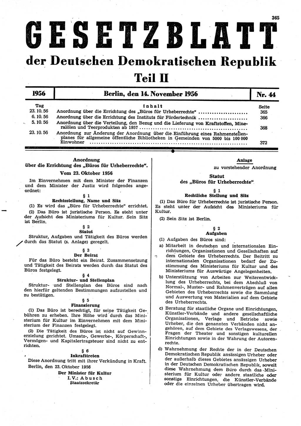 Gesetzblatt (GBl.) der Deutschen Demokratischen Republik (DDR) Teil ⅠⅠ 1956, Seite 365 (GBl. DDR ⅠⅠ 1956, S. 365)
