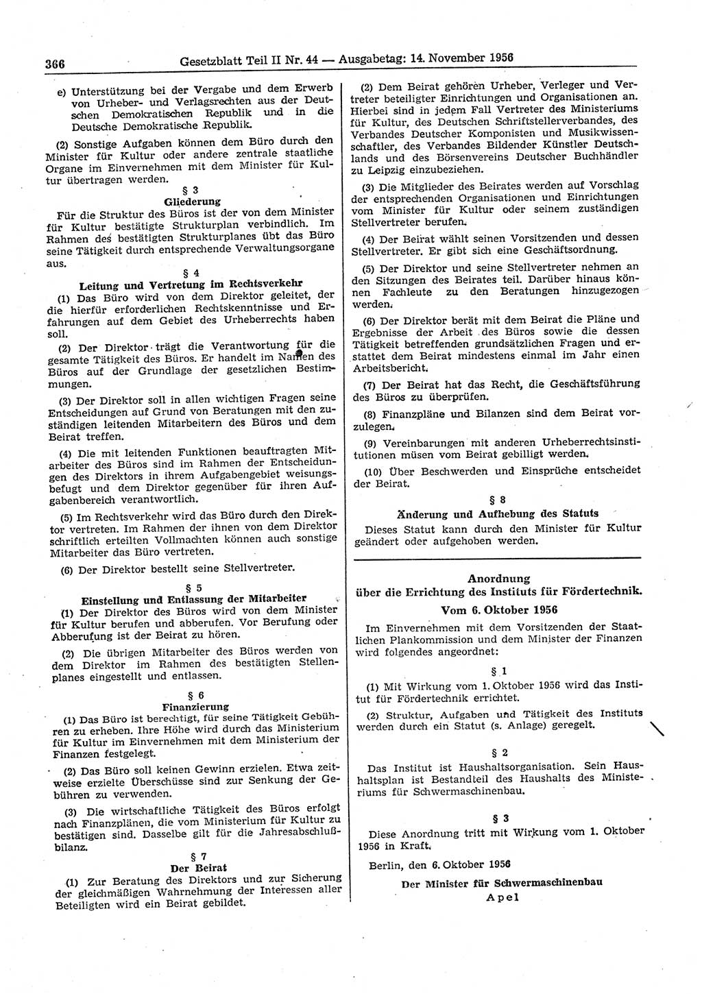 Gesetzblatt (GBl.) der Deutschen Demokratischen Republik (DDR) Teil ⅠⅠ 1956, Seite 366 (GBl. DDR ⅠⅠ 1956, S. 366)