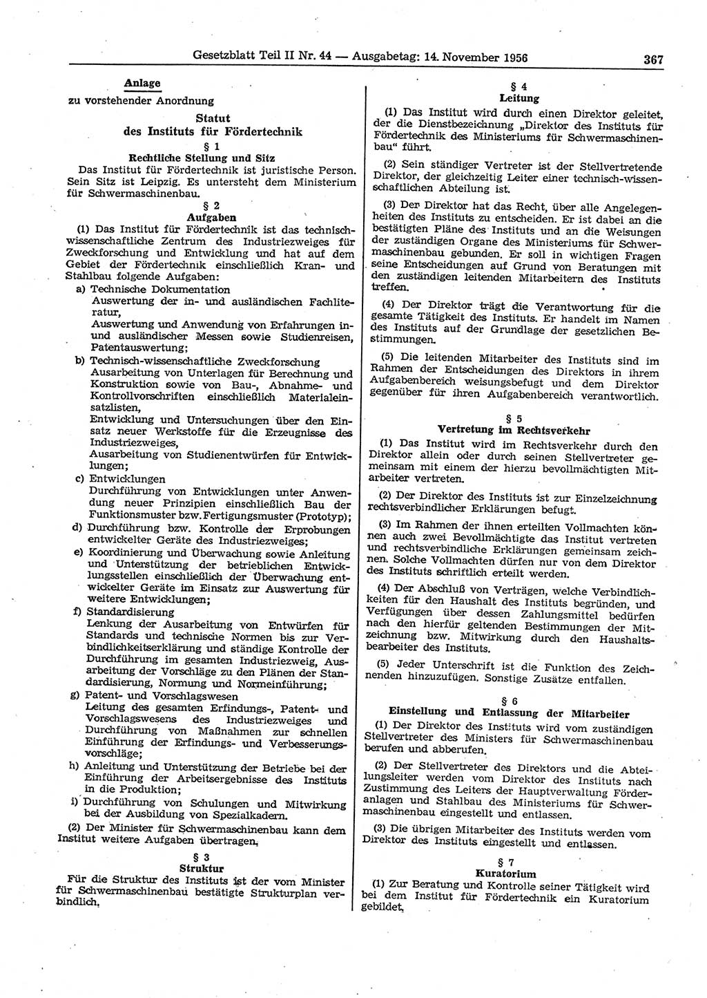 Gesetzblatt (GBl.) der Deutschen Demokratischen Republik (DDR) Teil ⅠⅠ 1956, Seite 367 (GBl. DDR ⅠⅠ 1956, S. 367)
