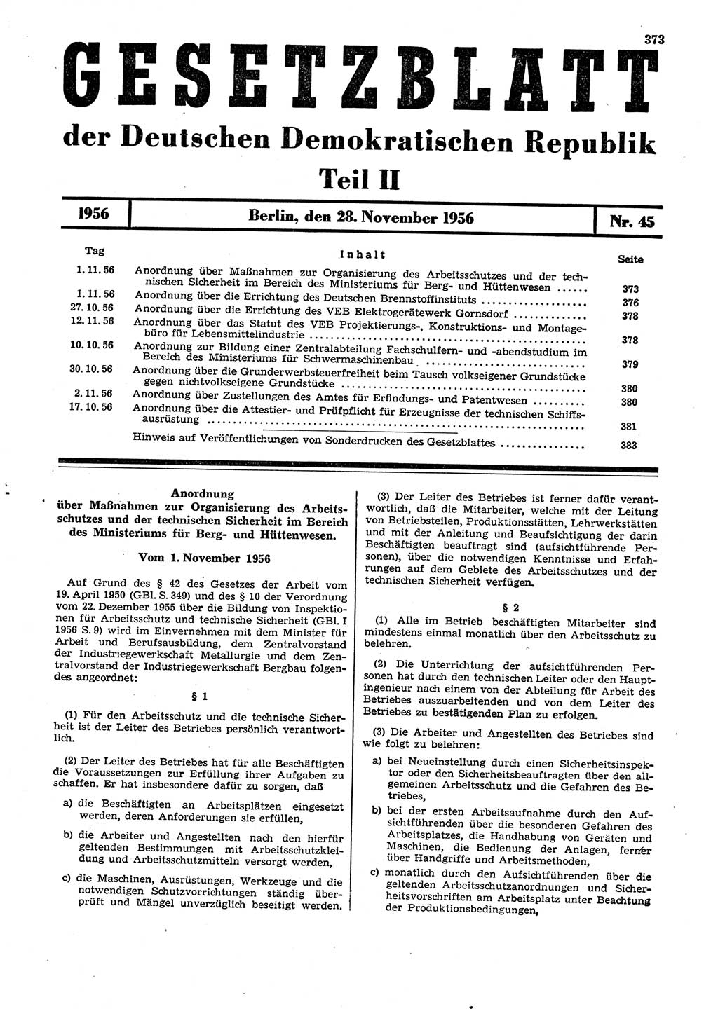 Gesetzblatt (GBl.) der Deutschen Demokratischen Republik (DDR) Teil ⅠⅠ 1956, Seite 373 (GBl. DDR ⅠⅠ 1956, S. 373)