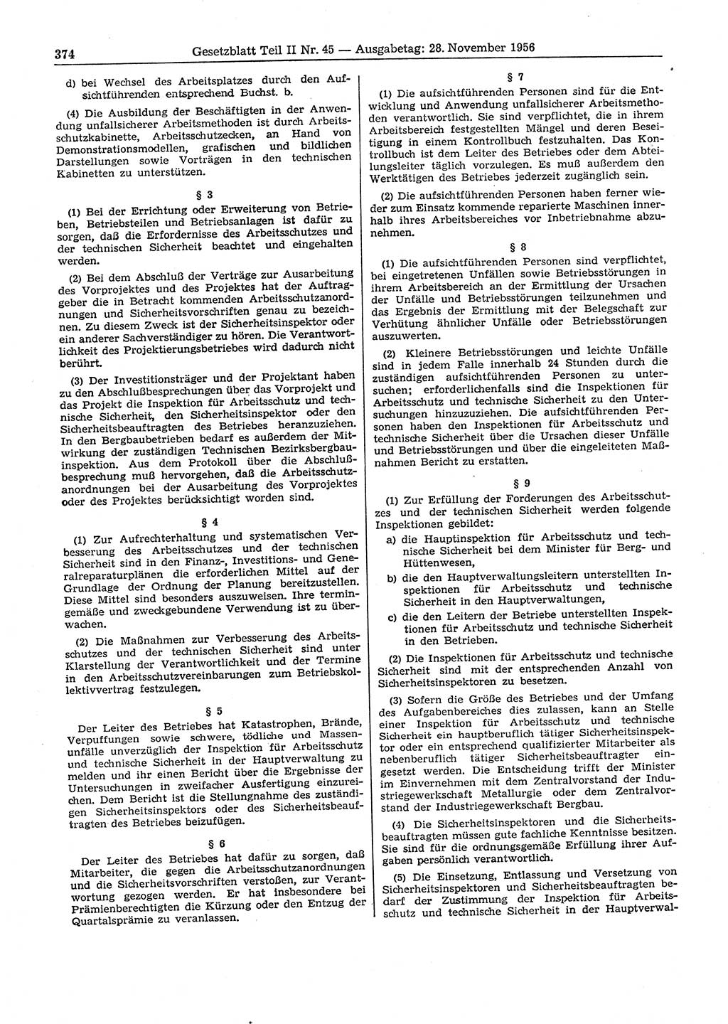 Gesetzblatt (GBl.) der Deutschen Demokratischen Republik (DDR) Teil ⅠⅠ 1956, Seite 374 (GBl. DDR ⅠⅠ 1956, S. 374)